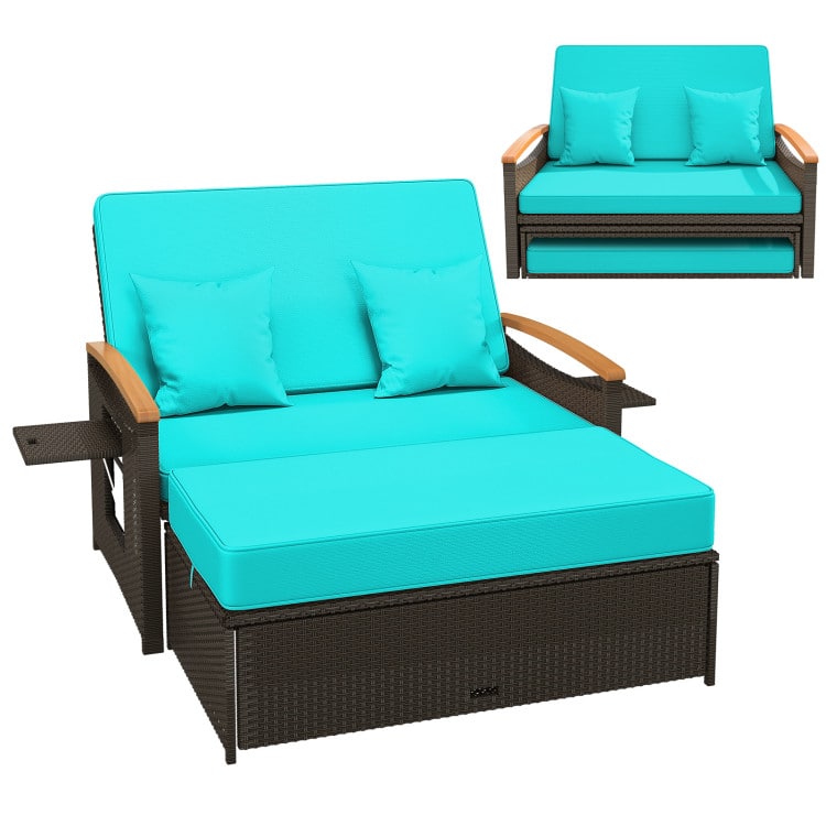 SlickBlue - Wicker Daybed for Outdoor Use with Folding Panels and Ottoman Storage - Green