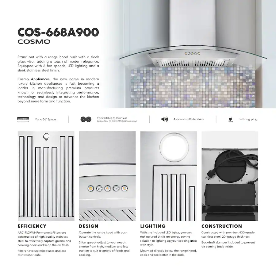 Capture Distance Hood COSMO 36 inches Convertible Wall Range Hood Stainless Steel - Best Buy