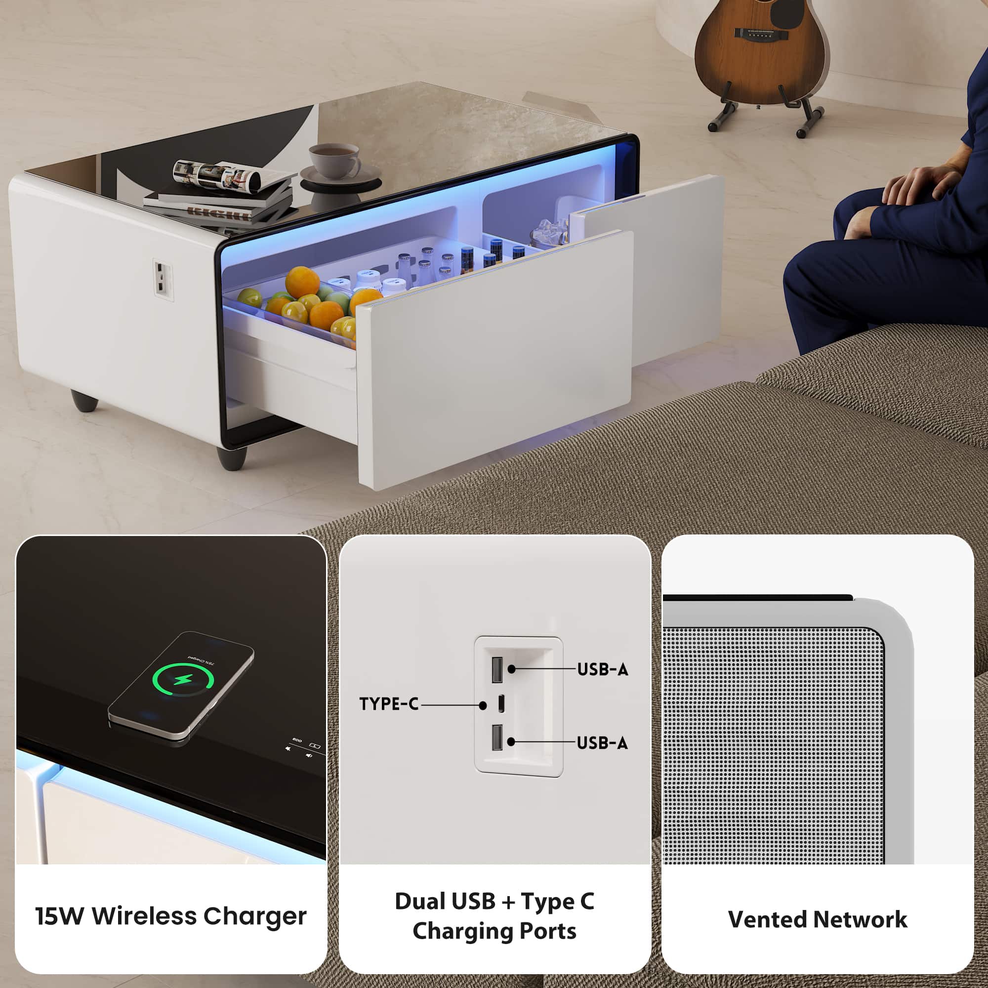 The image features a white table with a refrigerator drawer built into it. The drawer is filled with various items, including a bowl, a remote, and a cell phone. The table also has a couch in the background, and a person is sitting on it. The image is accompanied by a description that highlights the features of the table, such as the USB-A Type-C USB-A 15W Wireless Charger, Dual USB + Type-C Charging Ports, and Vented Network.