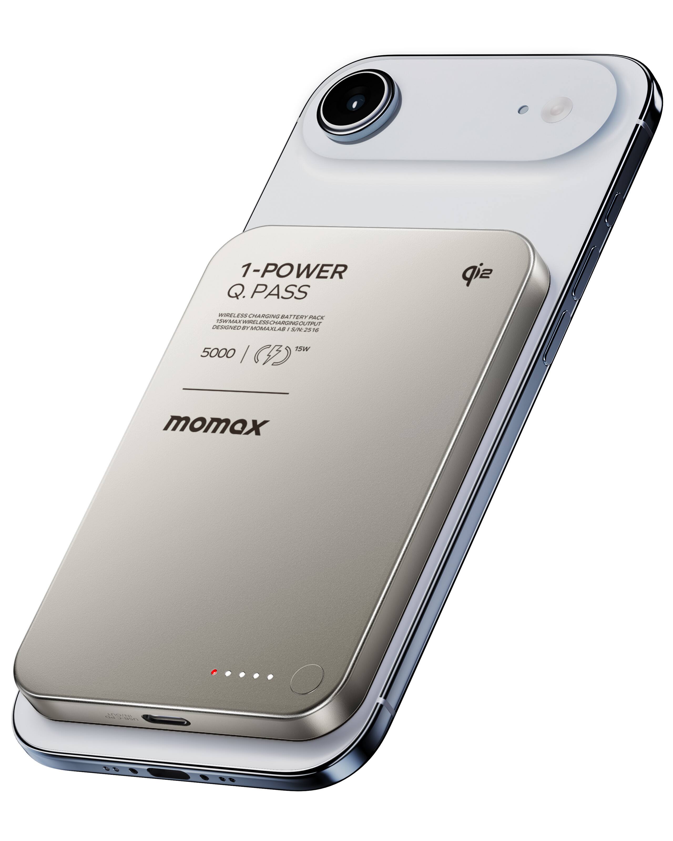 Momax - 1-Power Q.Pass Qi2 Magnetic Wireless Power Bank 5000mAh, 15W Fast Charging and PD 20W USB C Port - Titanium