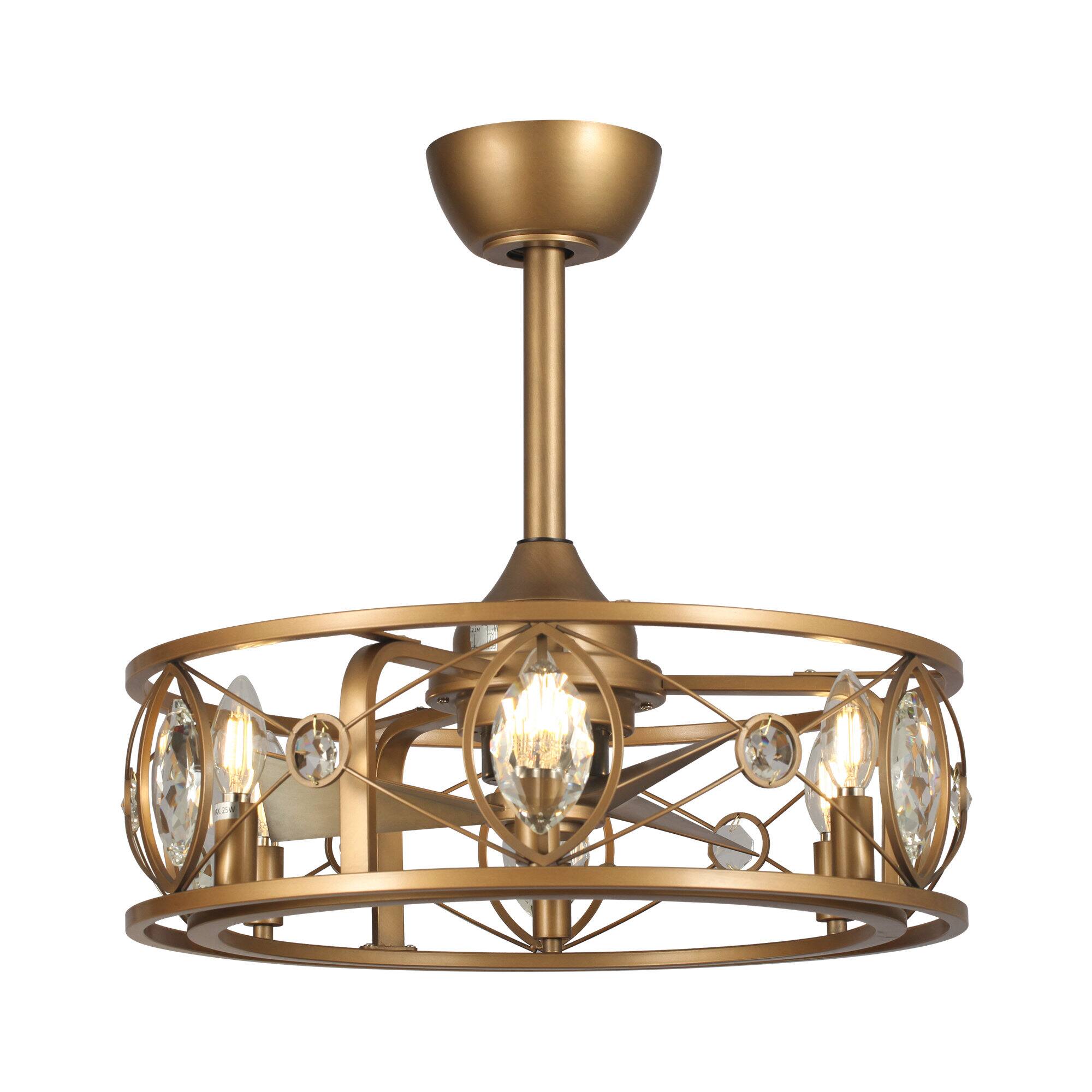 Alt View 6. Parrot Uncle - 22" Antique Brass Crystal Caged Ceiling Fan Chandelier with Remote and Light Kit - Brass.