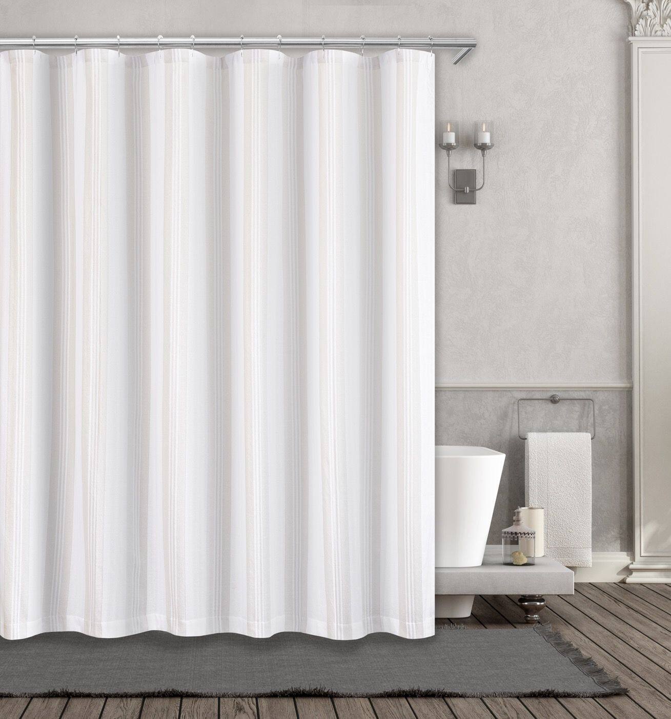 Front. Kate Aurora - Kate Aurora Nautical Hampton Stripe Cotton Fabric Shower Curtain - 70 in. W x 72 in. L - Taupe - Taupe.
