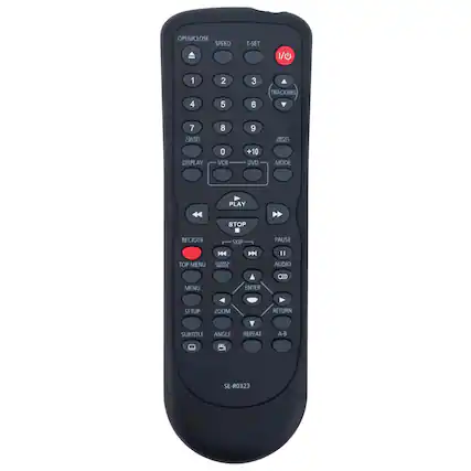 OPEN/CLOSE SPEED T-SET E 1 2 3 TRACKING 4 5 6 7 S 8 9 JPL SELECT DISPLAY 0 VCR +10 DVD MODE PLAY STOP REC/CTR SKIP PAUSE H4 TOP MENU I 1 AUDIO O> MENU ENTER SETUP ZOOM RETURN SUBTITLE ANGLE REPEAT A-B SE-R0323