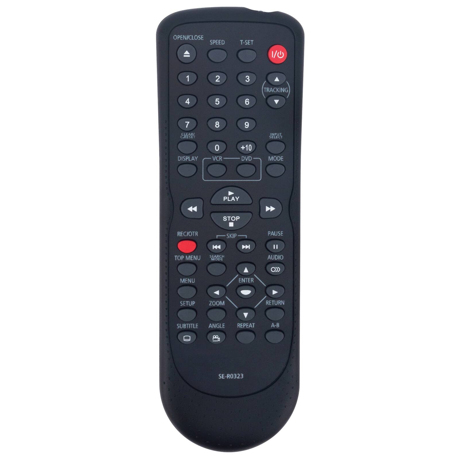 OPEN/CLOSE SPEED T-SET E 1 2 3 TRACKING 4 5 6 7 S  8 9 JPL SELECT DISPLAY 0 VCR +10 DVD MODE PLAY STOP REC/CTR SKIP PAUSE H4 TOP MENU I 1 AUDIO O> MENU ENTER SETUP ZOOM RETURN SUBTITLE ANGLE REPEAT A-B SE-R0323