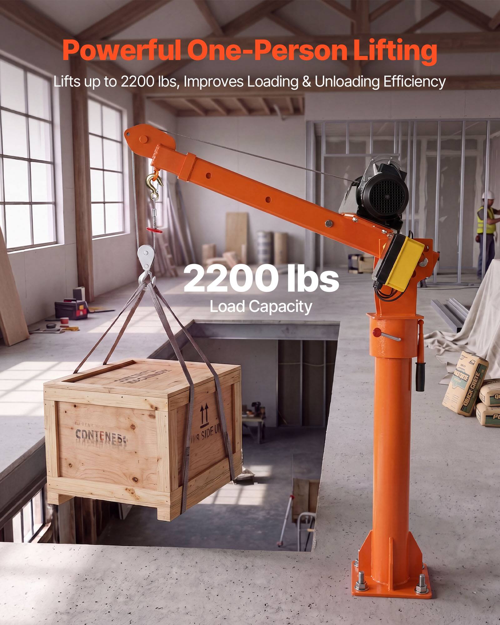Powerful One-Person Lifting  
Lifts up to 2200 lbs, Improves Loading & Unloading Efficiency  

2200 lbs Load Capacity  

BASINERS CONTENEBO  
Pill SIDE UN  
CRIZE QUICK-CRETE  
QI P