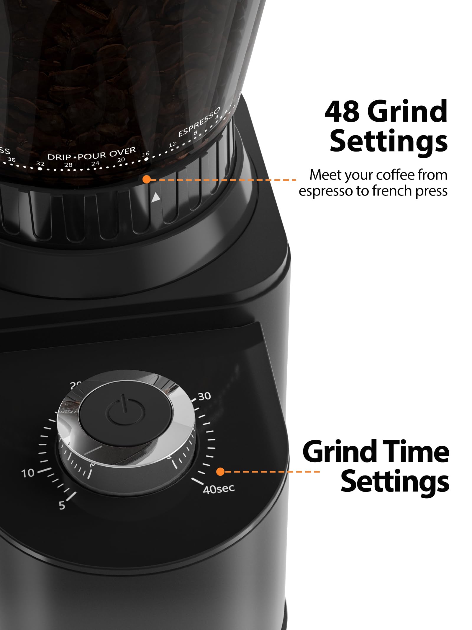 48 Grind Settings  
Meet your coffee from espresso to french press  

Grind Time Settings