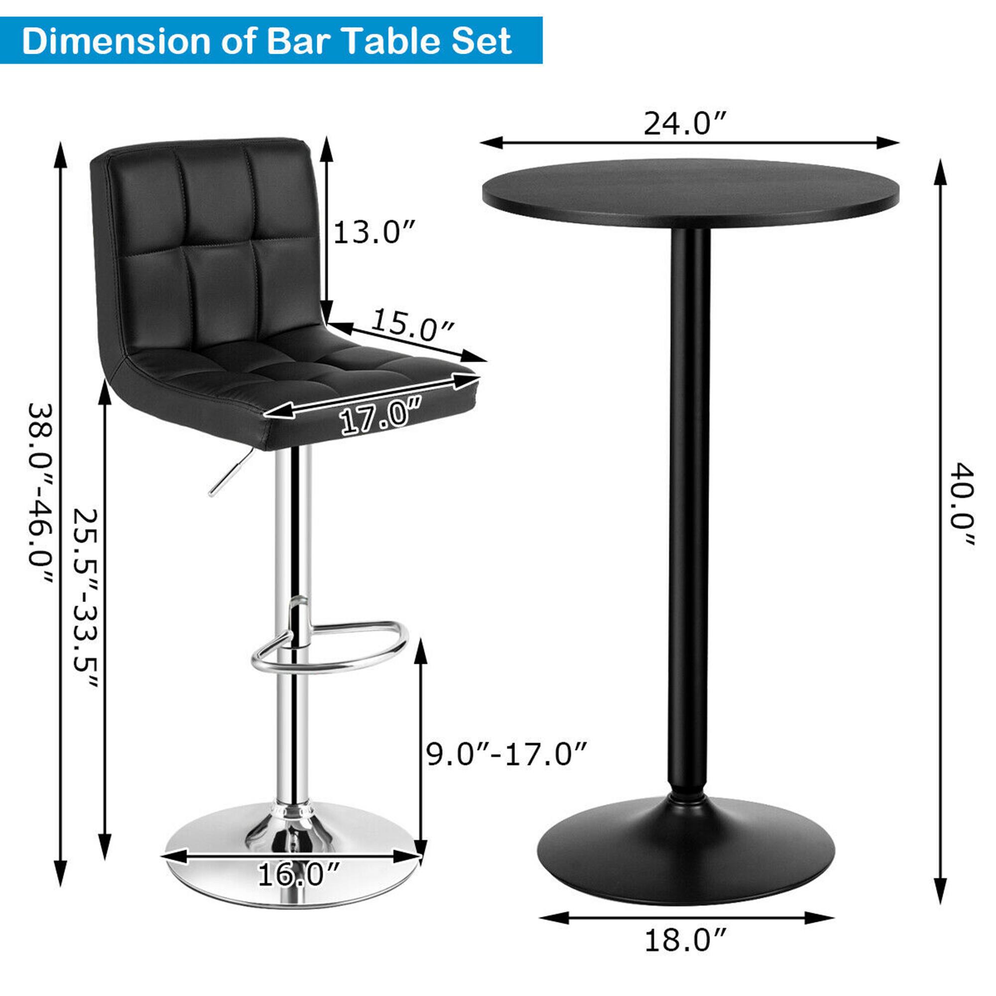 Dimension of Bar Table Set

- Table: 24.0" diameter, 40.0" height
- Chair: 17.0" width, 15.0" depth, 13.0" seat height, 38.0"-46.0" overall height
- Base: 16.0" diameter, 9.0"-17.0" height
- Footrest: 18.0" diameter