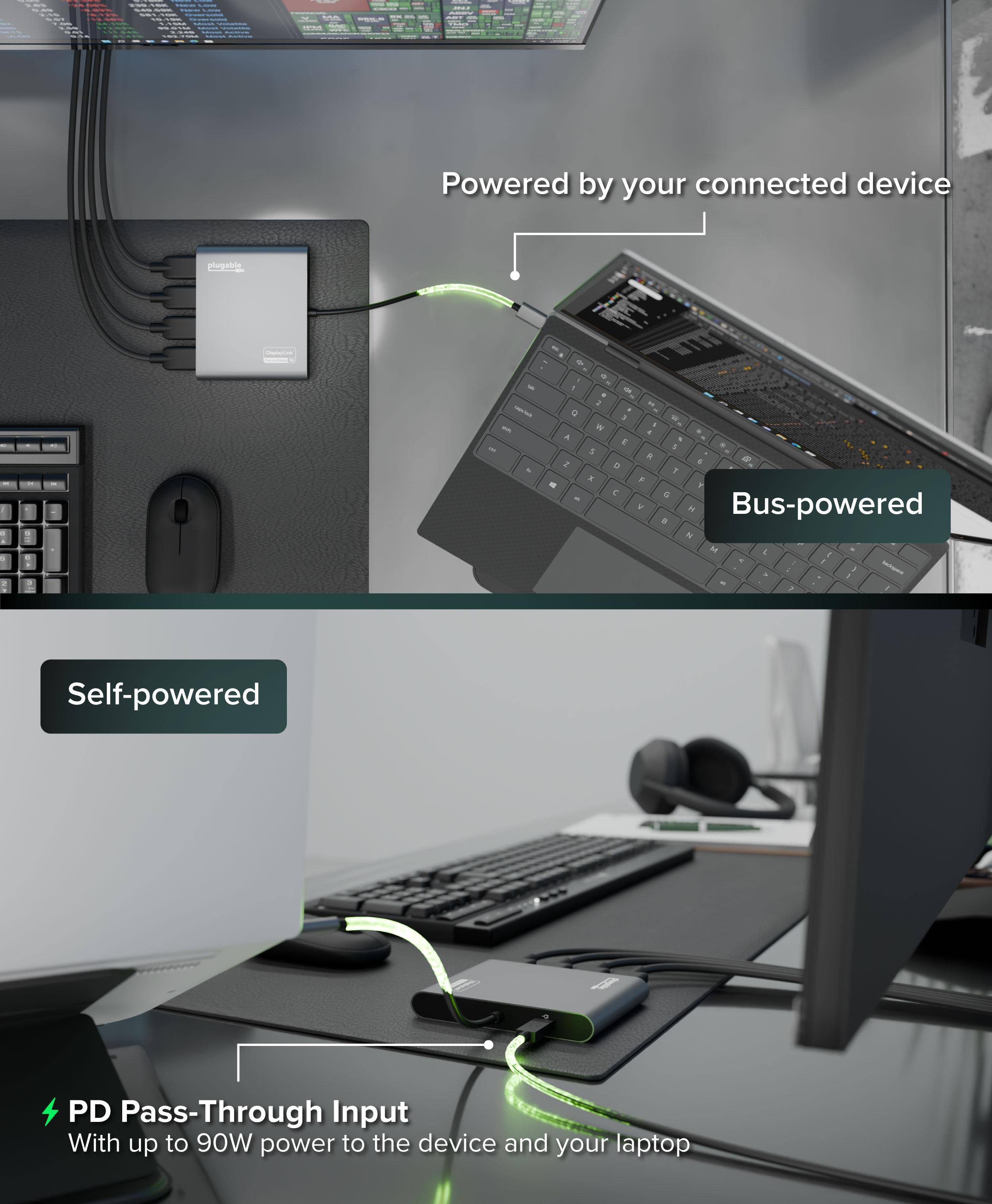 - Powered by your connected device
- Bus-powered
- Self-powered
- PD Pass-Through Input
- With up to 90W power to the device and your laptop