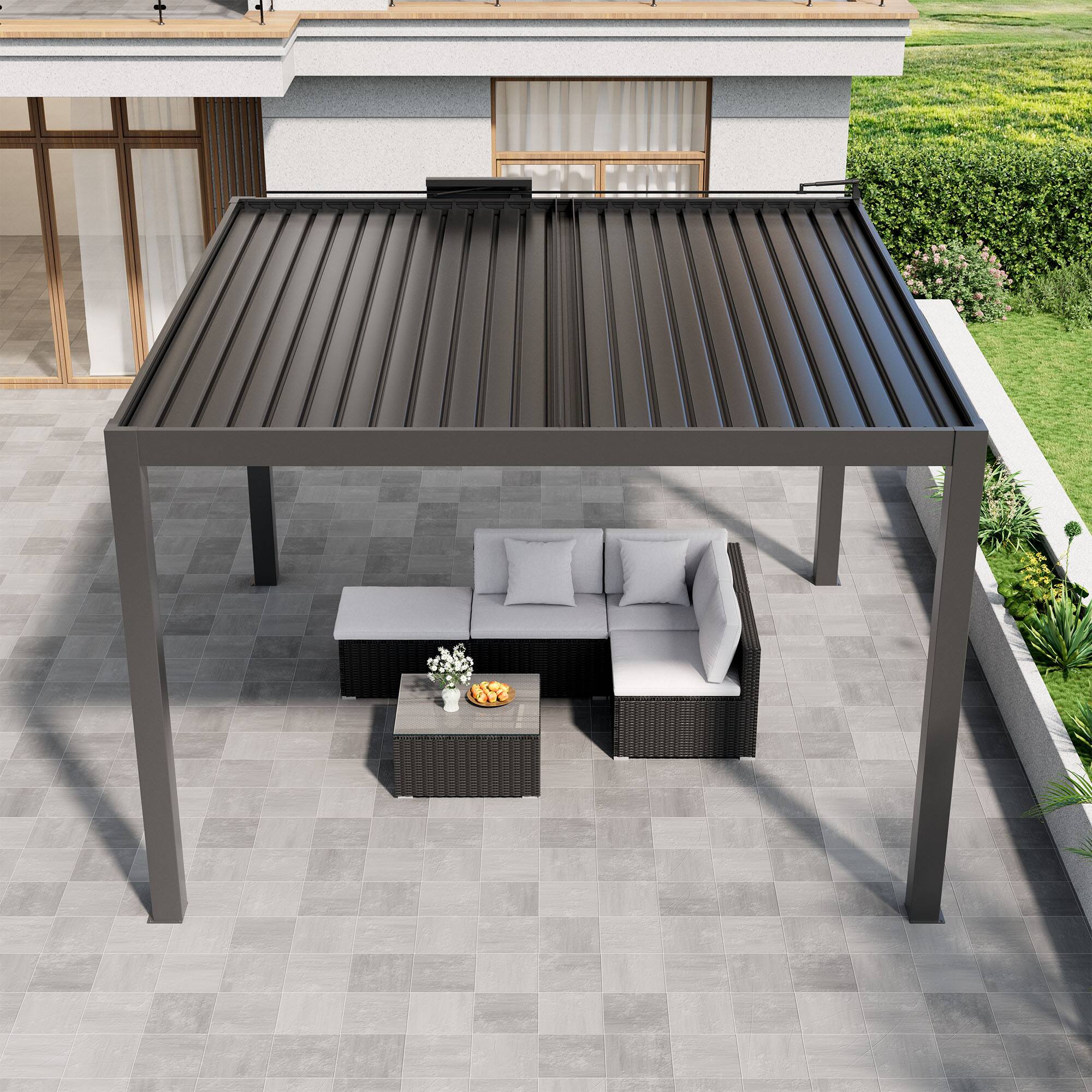 Left. Mondawe - 13ft x 13ft Solar-Powered Aluminum Pergola with Adjustable Louvers,Remote Control and Hidden Drainage System - Grey.