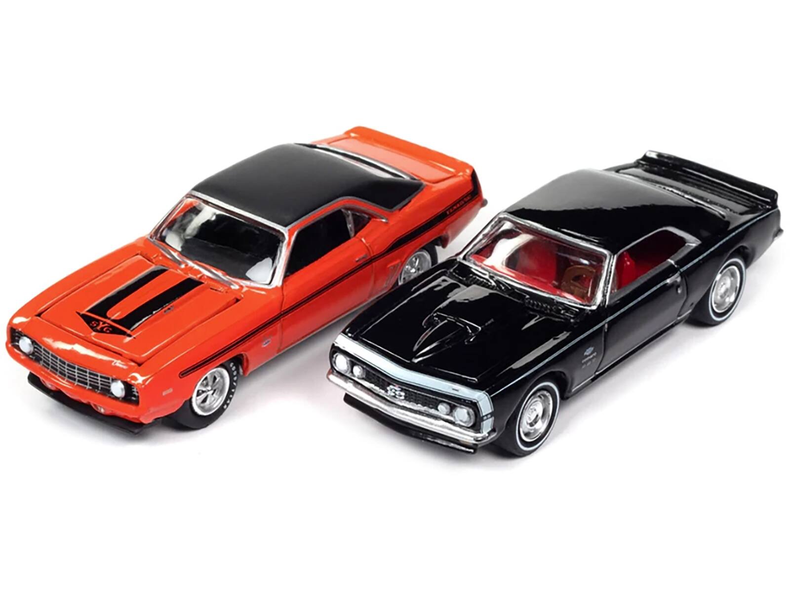 Angle. Johnny Lightning - 1969 Chevrolet Camaro Hugger Orange Black Top Stripes & 1967 Camaro Black White Stripe Red Interior Yenko 2-Pack 1/64 - Orange With Black, Black with White.