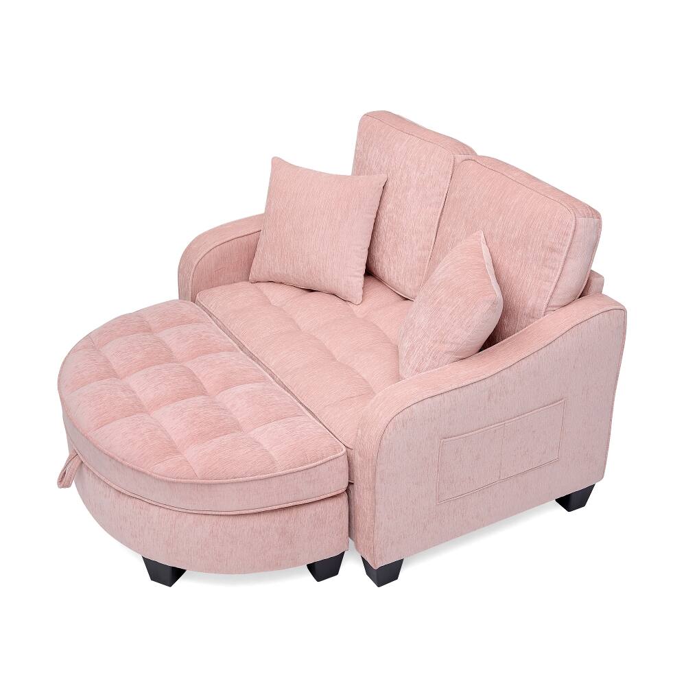 Alt View 7. Loheer - Loheer Pink Two-Seater Sofa Corduroy Double Sofa Chaise Longue with Storage Footrest and Throw Pillows - Pink.