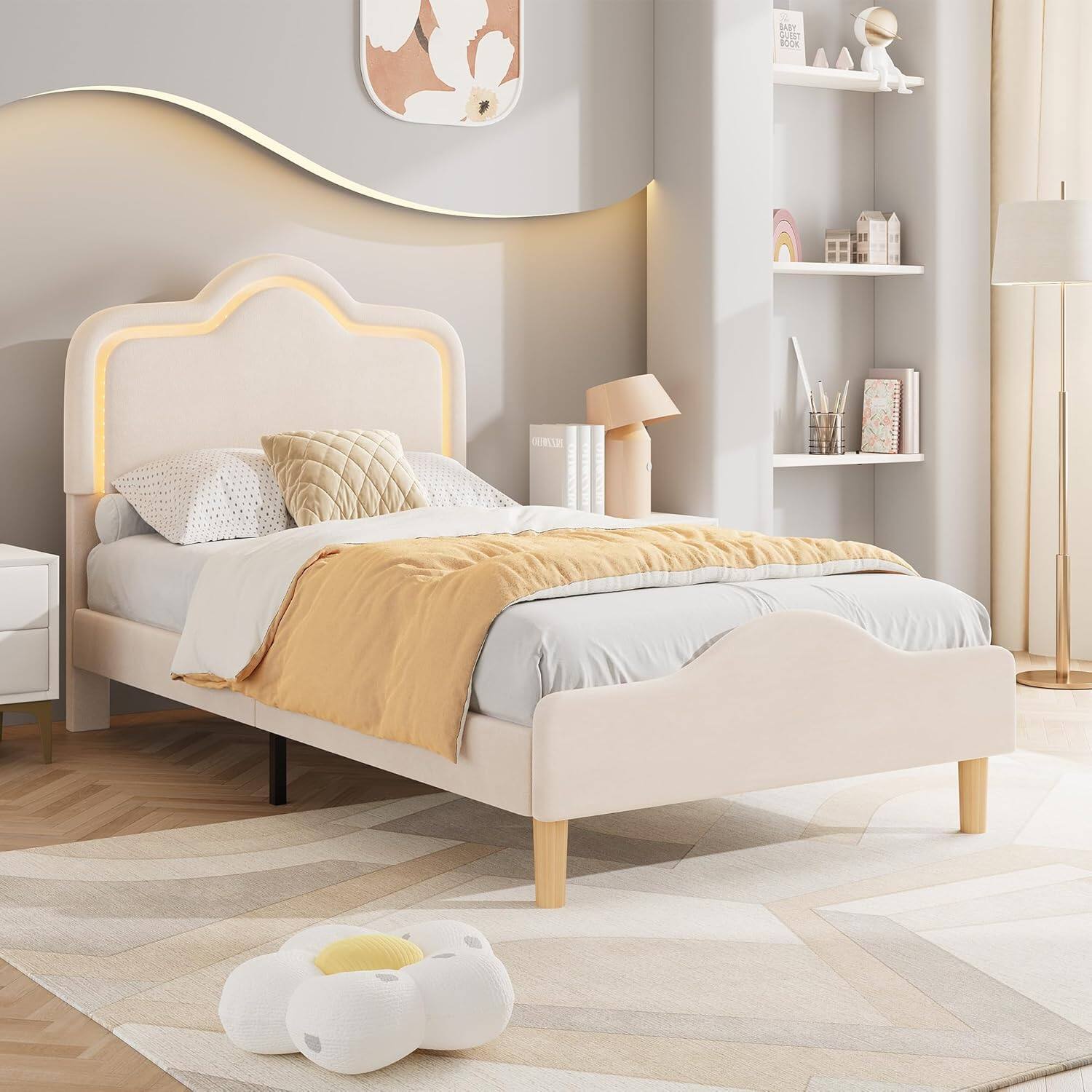 Front. Homhougo - Twin-XL Bed Frame with Adjustable LED Headboard, Velvet Upholstered, No Box Spring - Beige.