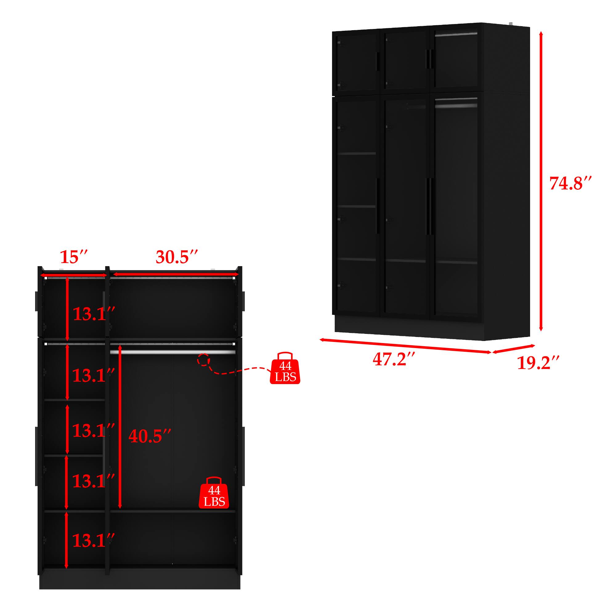 74.8", 47.2", 19.2", 15", 30.5", 13.1", 13.1", 13.1", 13.1", 13.1", 40.5", 44 LBS, 44 LBS