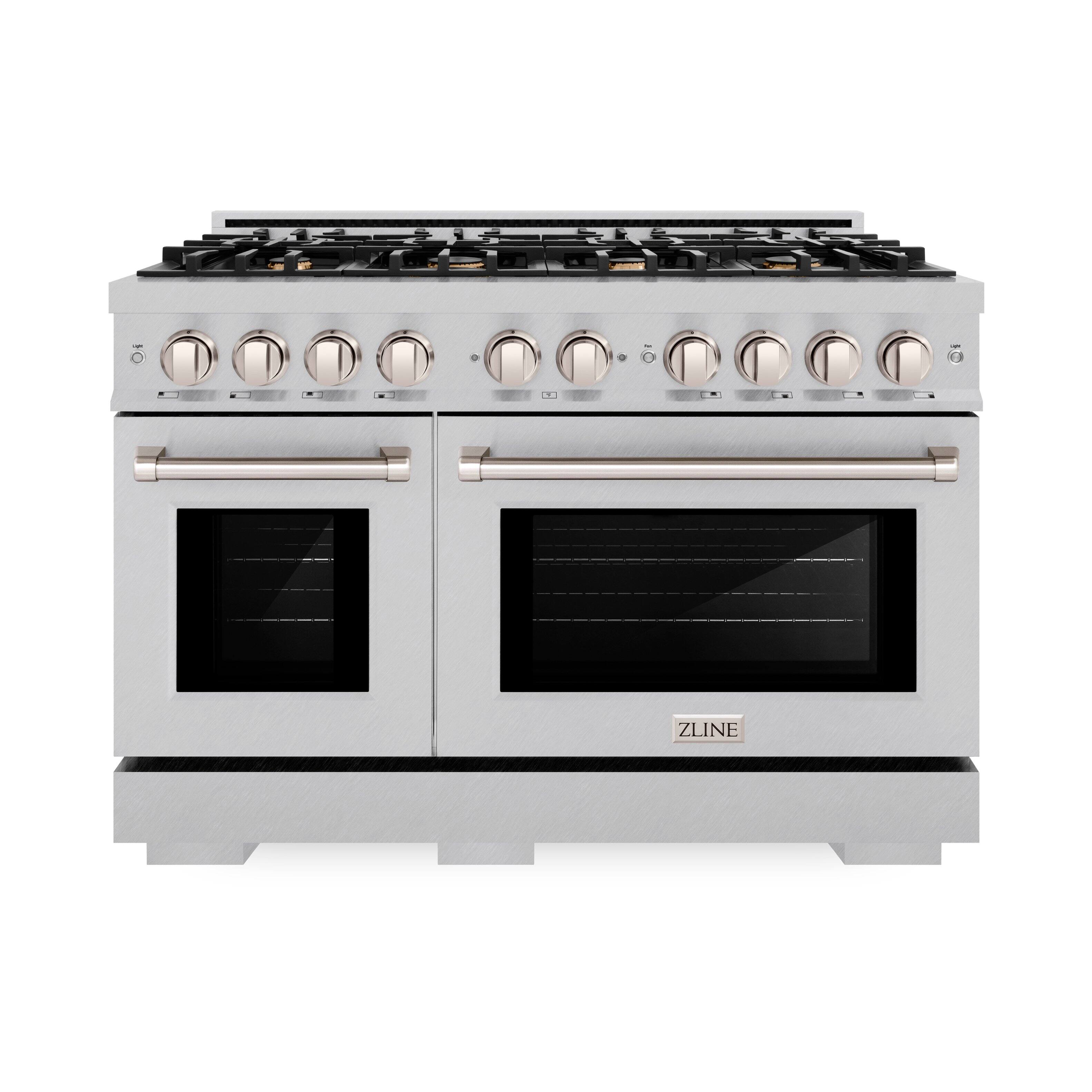 Angle. ZLINE - ZLINE 48 in. 6.7 cu. ft. Freestanding Select Double Oven Gas Range in Satin Stainless w/ 8 Brass Burners - Satin Stainless Steel.