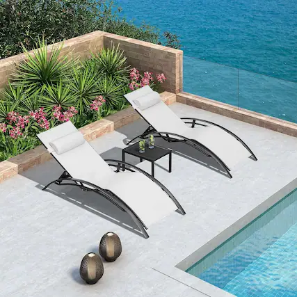 Front. PURPLE LEAF - 3-Pieces Aluminum Outdoor Chaise Lounge Patio Lounge Chair with Side Table, White - White.