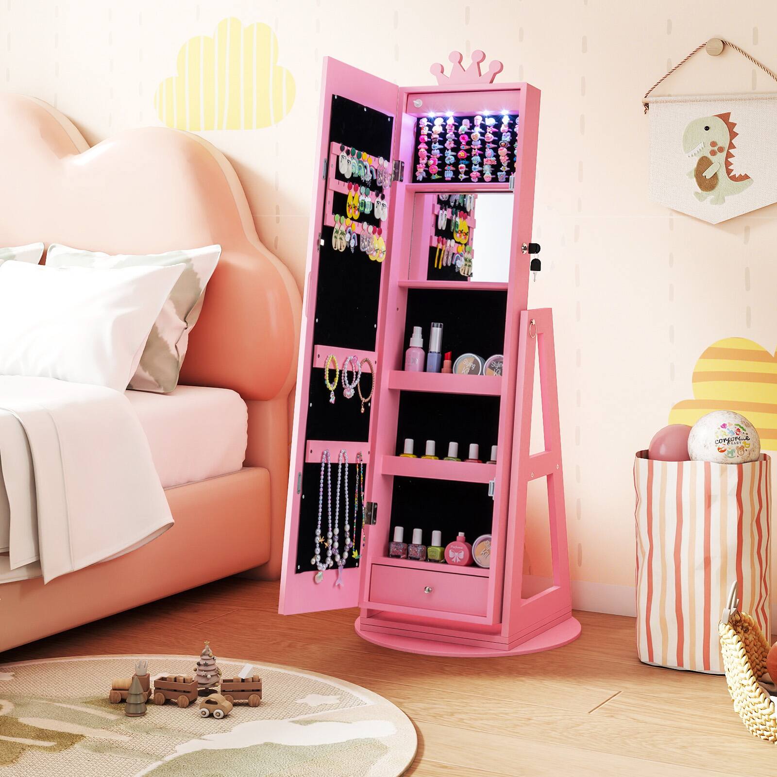 Alt View 1. Gymax - Gymax Swivel Kids Jewelry Cabinet w/ Lights Full-Length Mirror & Built-in Mirror Pink - Pink.