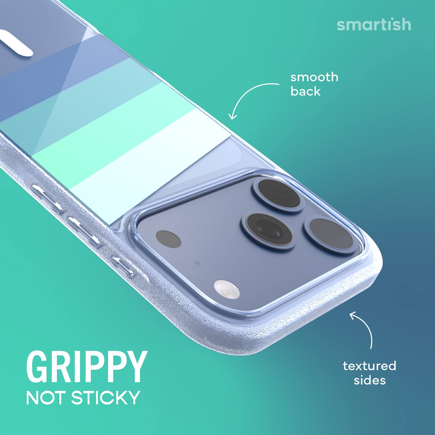 smartish  
smooth back  
GRIPPY NOT STICKY  
textured sides