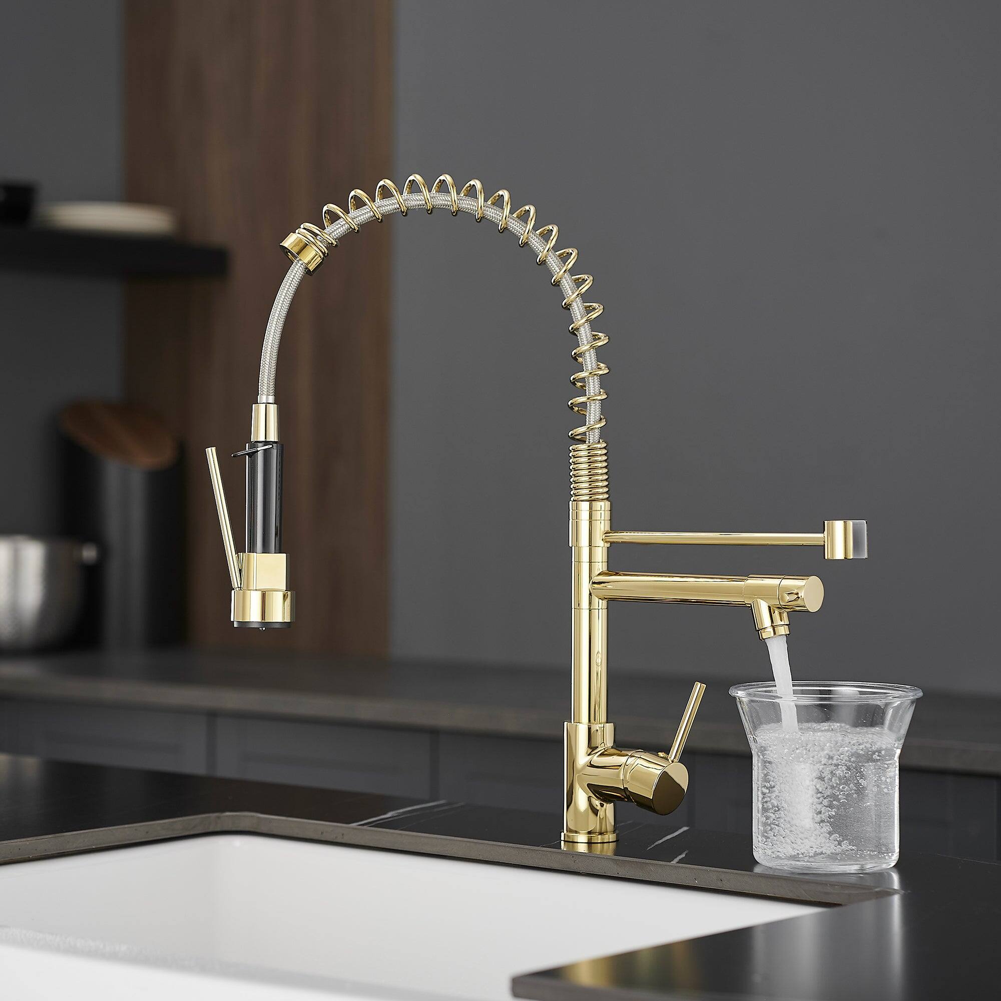 Alt View 8. Boyel Living - Contemporary Single Handle Gooseneck Pull Down Sprayer Kitchen Faucet Brushed Gold - Brushed Gold.