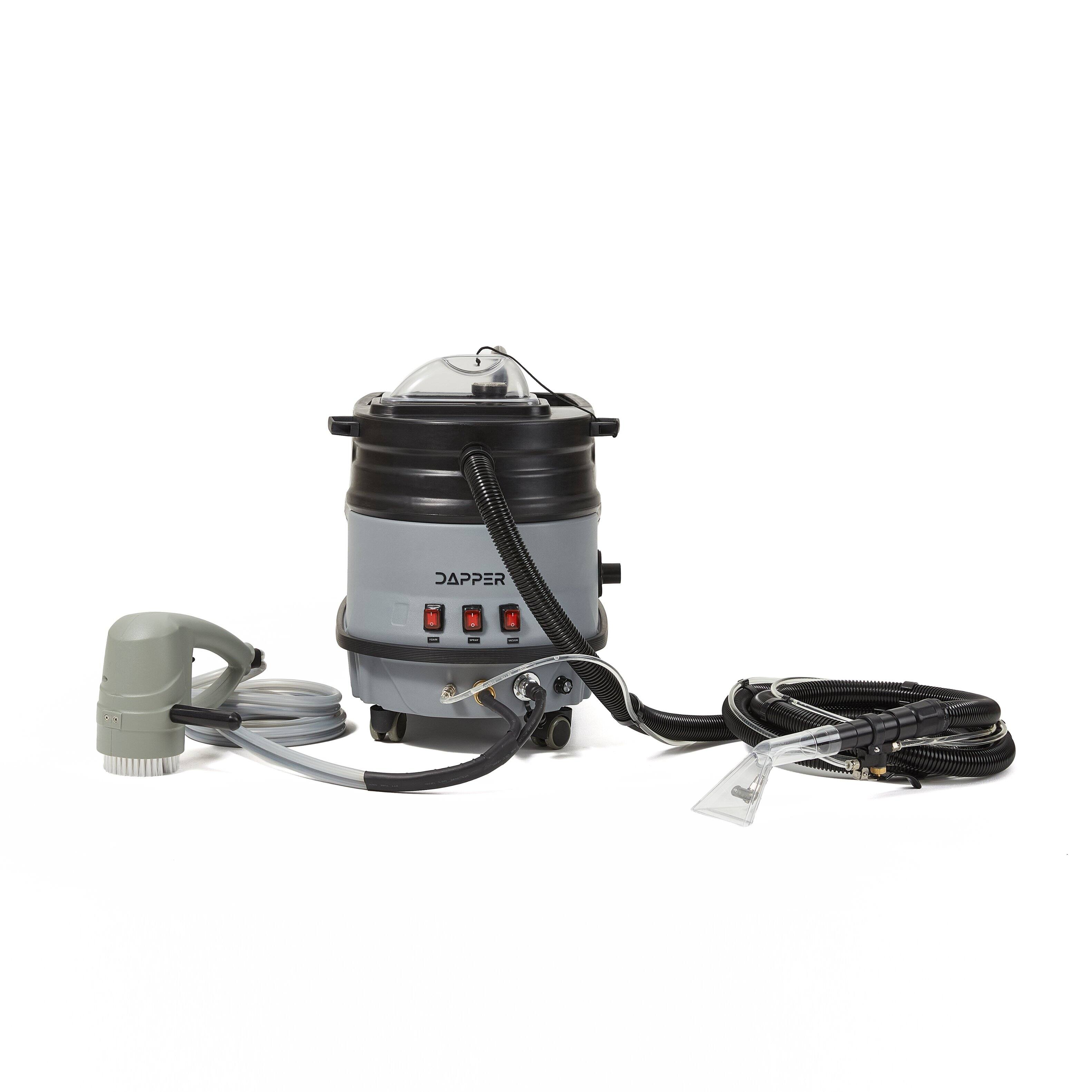 Angle. Dapper Supply - Commercial Cold Water Carpet & Upholstery Extractor with Scrub Brush, Blower, 1 Gal. Solution & 2.5 Gal. Recovery Tank - Gray.