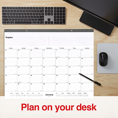 Sure, here is the corrected and grouped text:

---

**Staples**

**Plan on your desk**

---

**January**

| Sunday | Monday | Tuesday | Wednesday | Thursday | Friday | Saturday |
|--------|--------|---------|-----------|----------|--------|----------|
| 1      | 2      | 3       | 4         | 5        | 6      | 7        |
| 8      | 9      | 10      | 11        | 12       | 13     | 14       |
| 15     | 16     | 17      | 18        | 19       | 20     | 21       |
| 22     | 23     | 24      | 25        | 26       | 27     | 28       |
| 29     | 30     | 31      |           |          |        |          |

---

**Note:** The text "Plan on your desk" is likely a promotional message for the calendar.