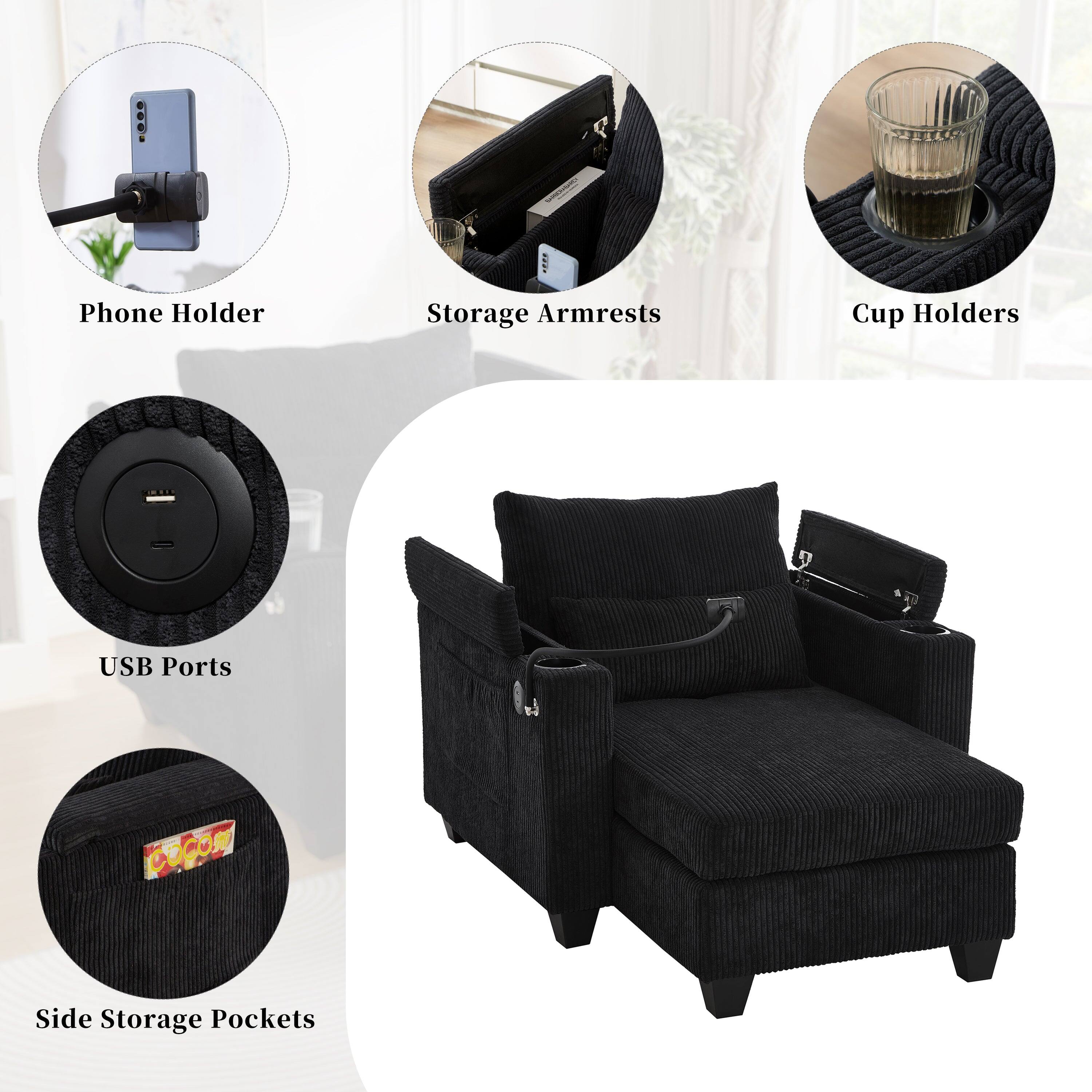 Phone Holder  
Storage Armrests  
Cup Holders  
USB Ports  
Side Storage Pockets