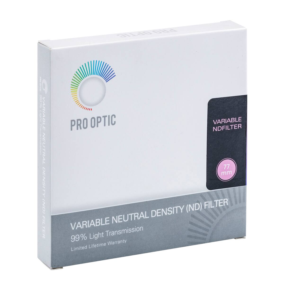 PRO OPTIC PRO 7RO07100 09%6 VARIABLE NEUTRAL DENSITY (ND) FILTER PRO OPTIC VARIABLE NDFILTER 77 mm (ND) FILTER NEUTRAL DENSITY VARIABLE Light Transmission 99% Warranty Limited Lifetime
