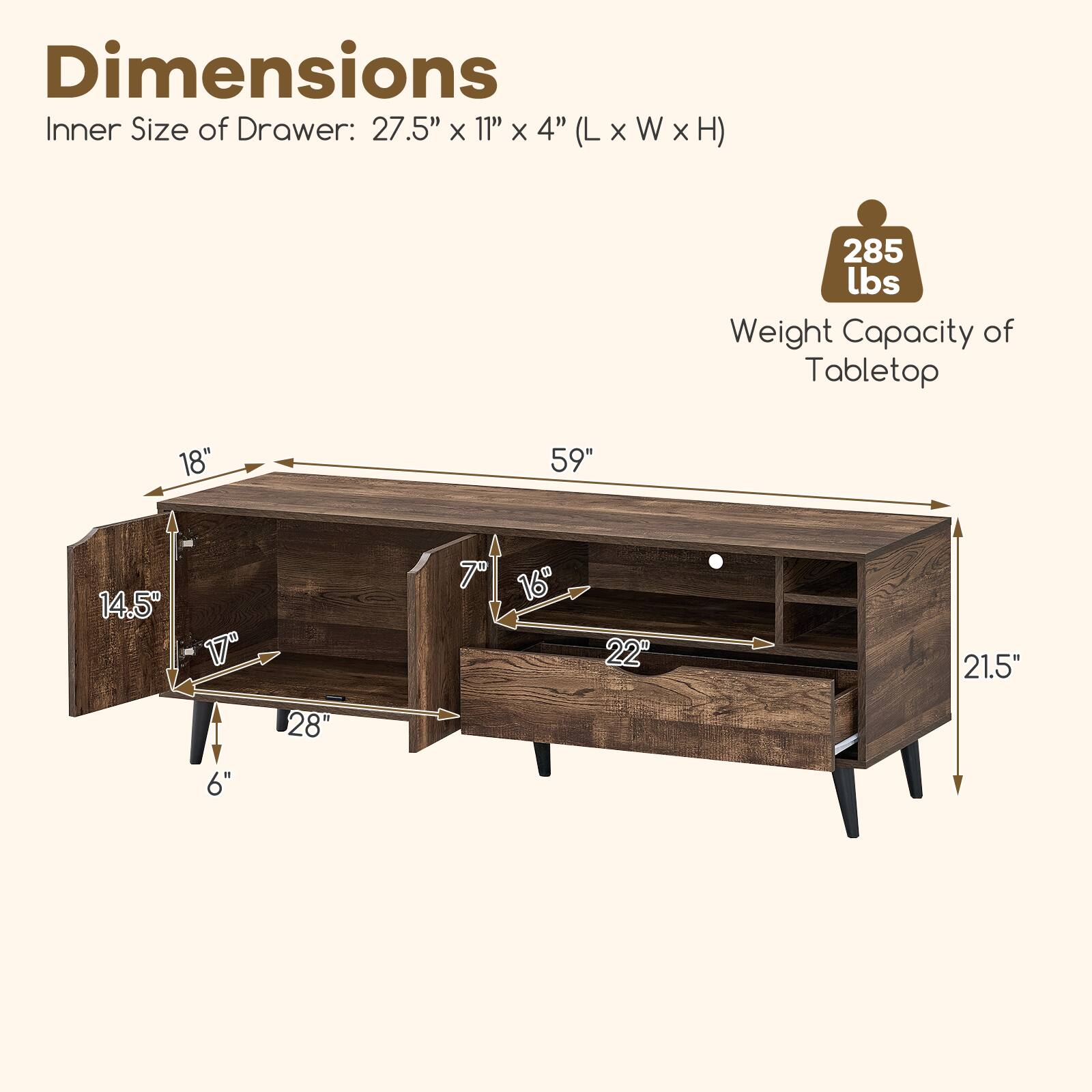 Dimensions Inner Size of Drawer: 27.5" X 11"x4" (LxWxH)  
285 lbs Weight Capacity of Tabletop  
18"  
59"  
14.5"  
6"  
28"  
7" 16"  
22"  
21.5"