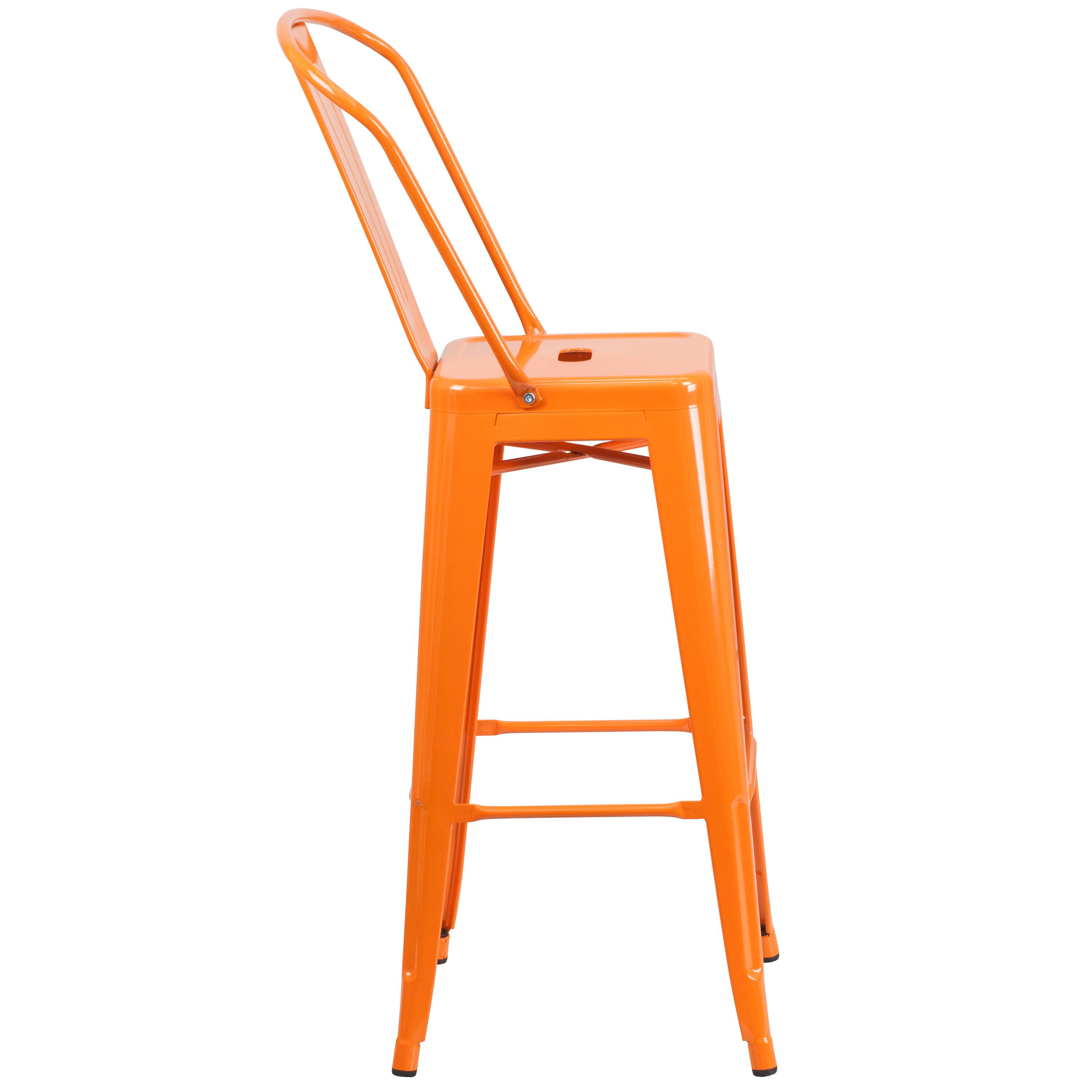 Alt View 6. Emma + Oliver - Commercial Grade 30"H Colorful Metal Indoor-Outdoor Barstool with Back - Orange.