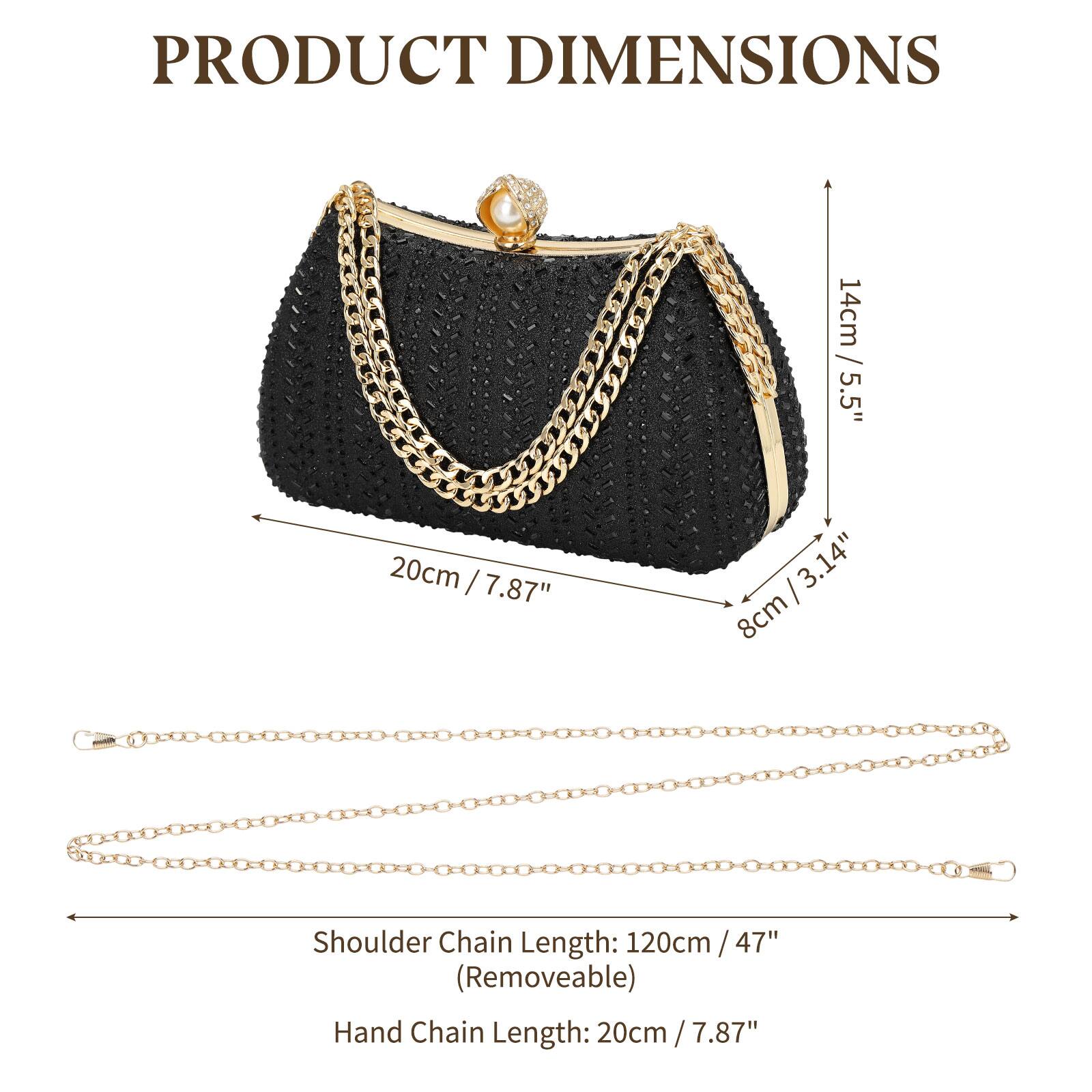 PRODUCT DIMENSIONS

- Height: 14cm / 5.5"
- Width: 20cm / 7.87"
- Depth: 8cm / 3.14"

Shoulder Chain Length: 120cm / 47" (Removable)

Hand Chain Length: 20cm / 7.87"