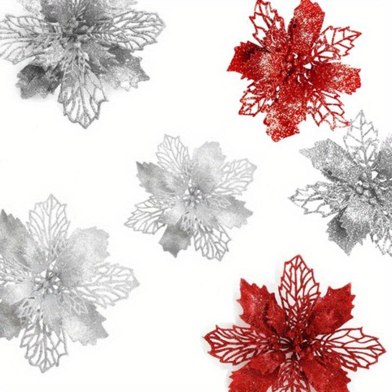 Left. Oumilen - 10 Pcs Silver Glitter Poinsettia Flowers – Hollow Xmas Ornaments with Stems for Wreath Garland Holiday Decor.