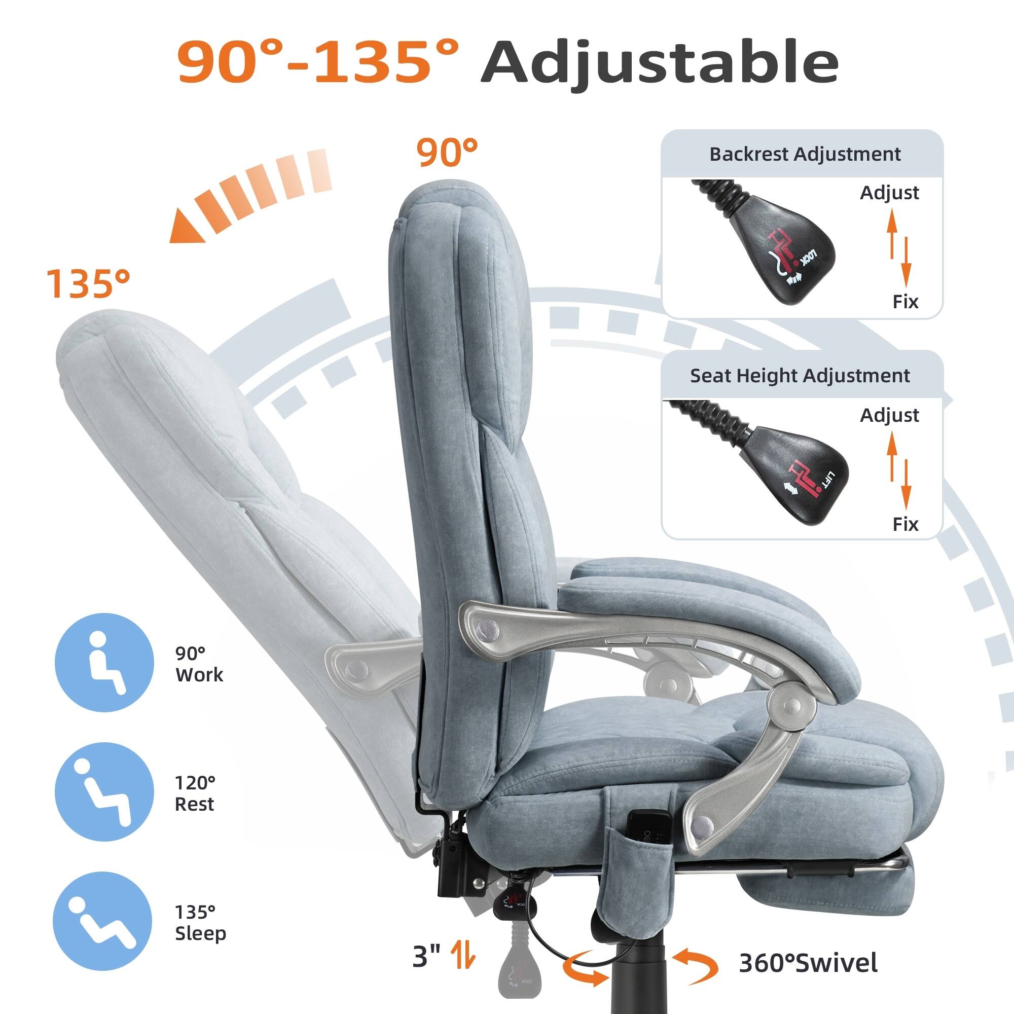 90°-135° Adjustable

Backrest Adjustment
- Adjust
- Fix

Seat Height Adjustment
- Adjust
- Fix

90° Work
120° Rest
135° Sleep

3" Lift

360° Swivel