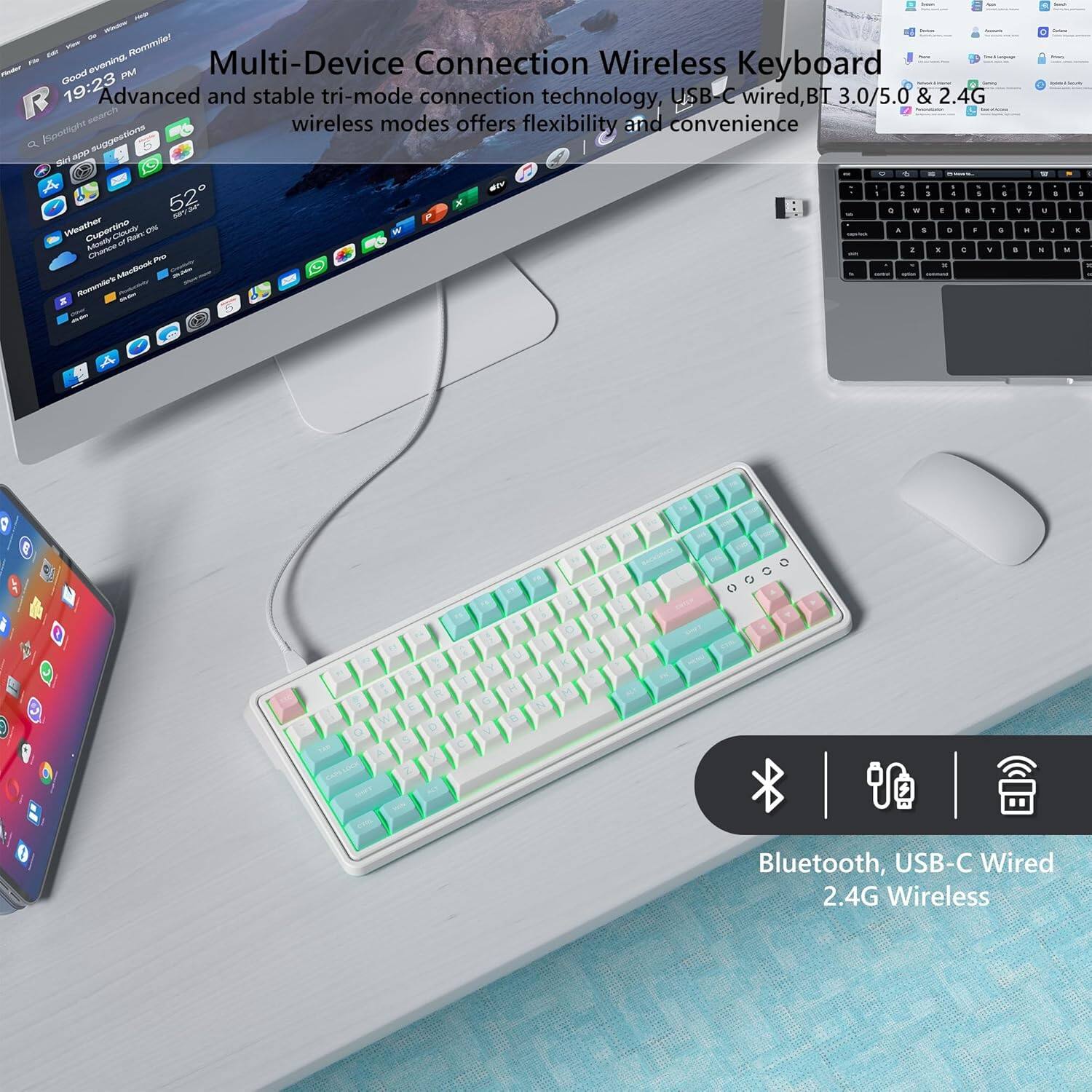 Multi-Device Connection Wireless Keyboard

Advanced and stable tri-mode connection technology, USB-C wired, BT 3.0/5.0 & 2.4G wireless modes offers flexibility and convenience

Bluetooth, USB-C Wired, 2.4G Wireless