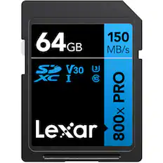 64 GB
150 MB/s
SDXC I
V30
3J
10C
800x PRO
Lexar