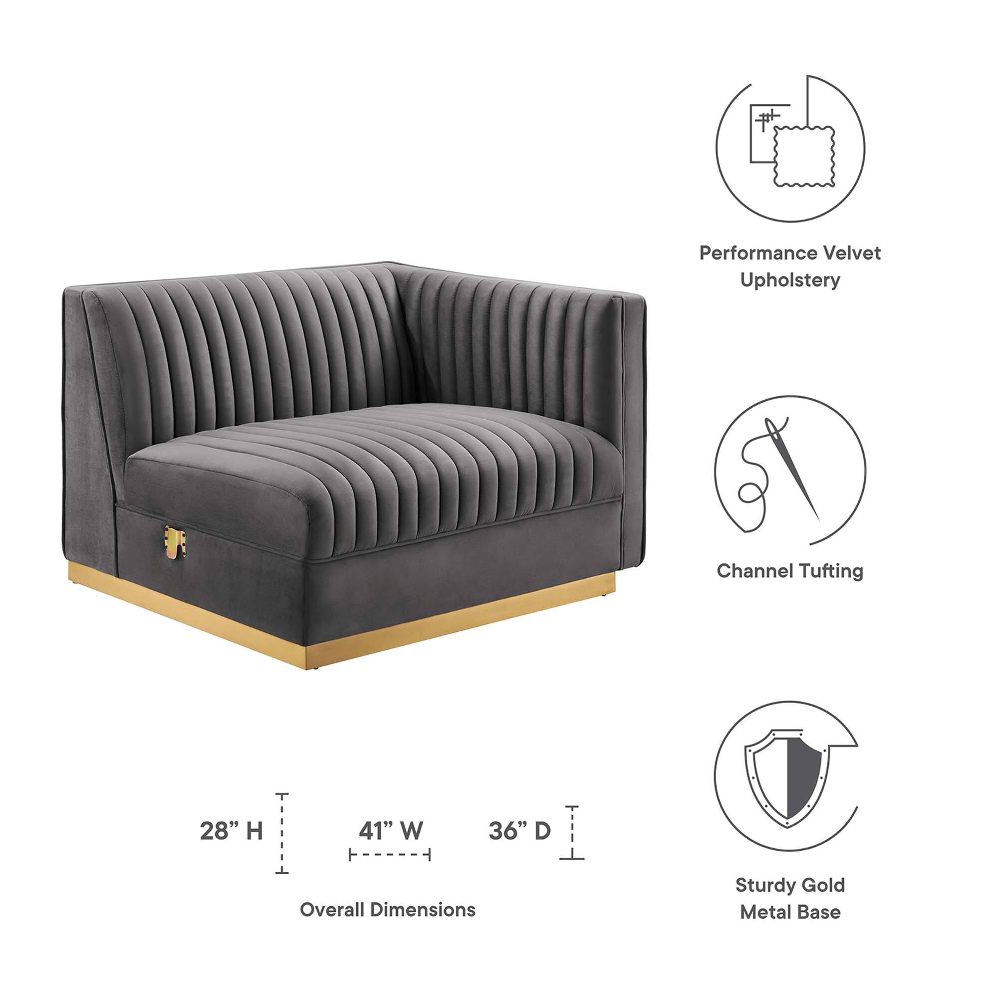 Performance Velvet Upholstery  
Channel Tufting  
Sturdy Gold Metal Base  

Overall Dimensions:  
28" H x 41" W x 36" D