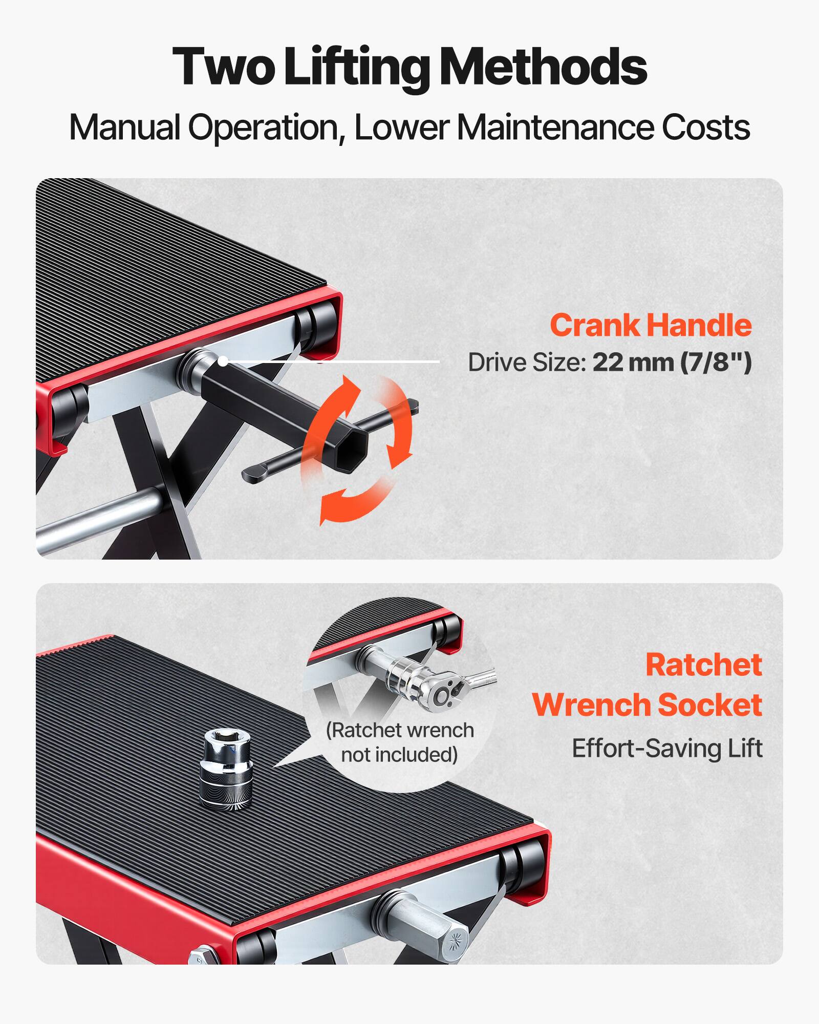Two Lifting Methods  
Manual Operation, Lower Maintenance Costs  

Crank Handle  
Drive Size: 22 mm (7/8")  

Ratchet Wrench Socket  
Effort-Saving Lift  
(Ratchet wrench not included)