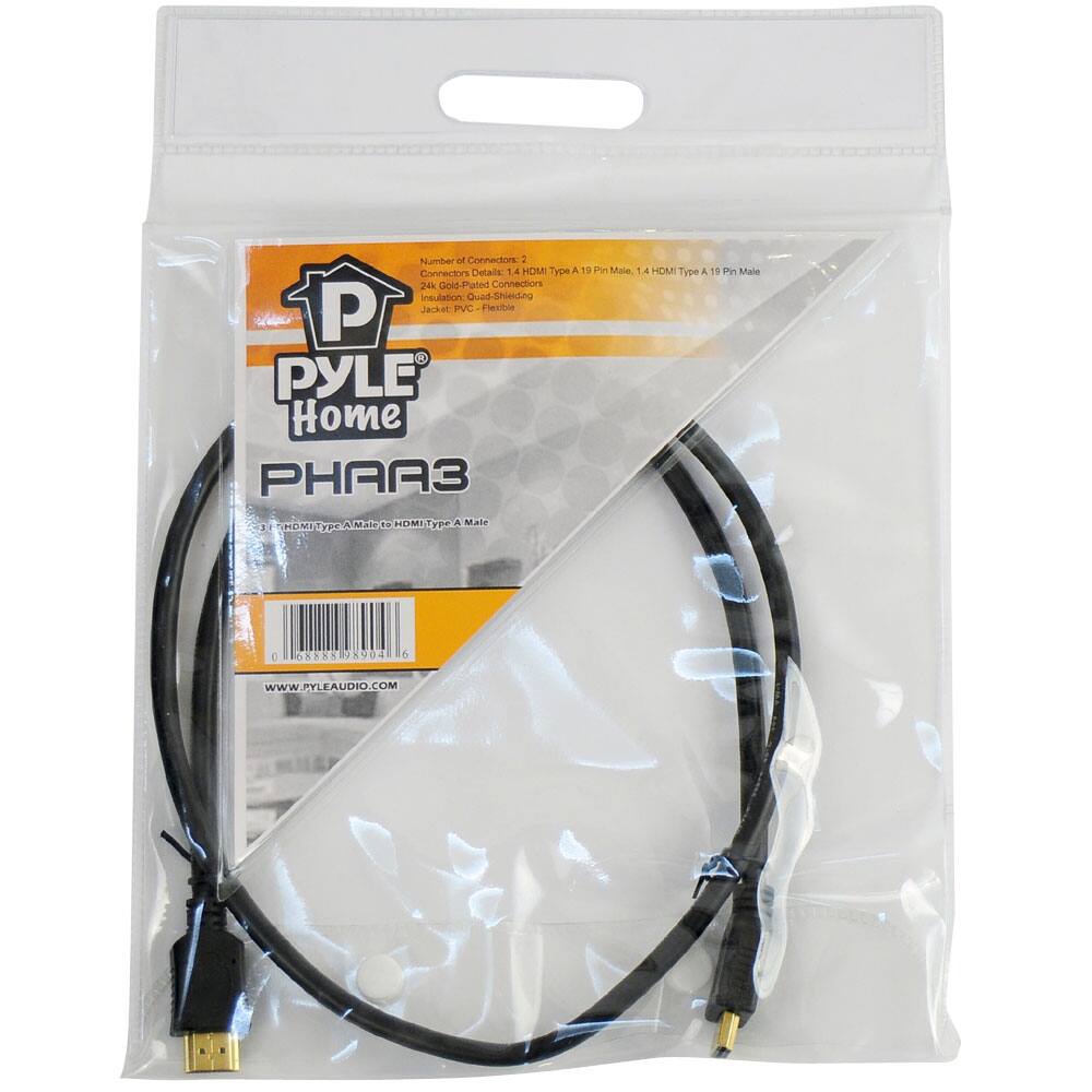 Number of Connectors: 2  
Type A 19 Pin Male - 1.4 HDMI Type A 19 Pin Male  
24k Gold Plated Connections  
Insulation: Quad-Shielded Jacket - PVC - Flexible  

PYLE Home  
PHAA3  
3 ft HDMI Type A Male to HDMI Type A Male  

www.PYLEAUDIO.COM