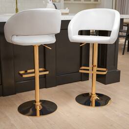 Emma + Oliver - Modern Vinyl Adjustable Height Barstool with Horizontal Stitch Back, Set of 2 - White/Gold Frame