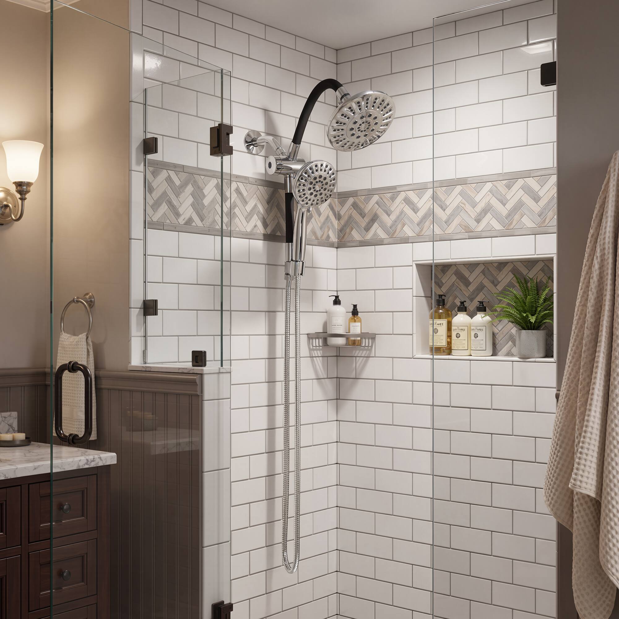 Alt View 3. Akicon - Akicon Shower System with Shower Head and Handheld 6-Mode Spray Combo Bendable Goose Neck Shower Arm in Polished Chrome - Polished Chrome.