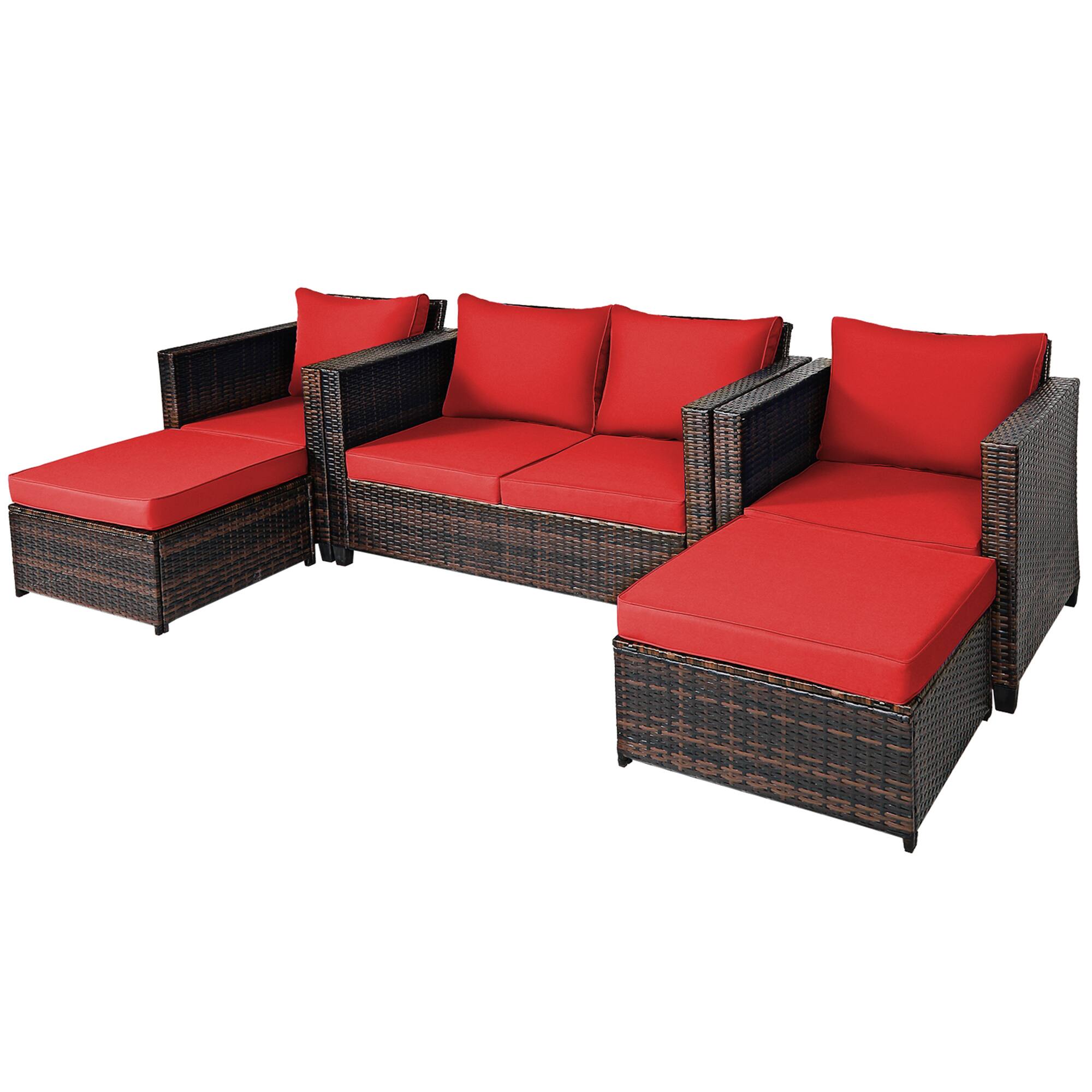 Alt View 8. Gymax - Gymax 5PCS Outdoor Patio Rattan Conversation Sofa Furniture Set w/ Red Cushions - Red.
