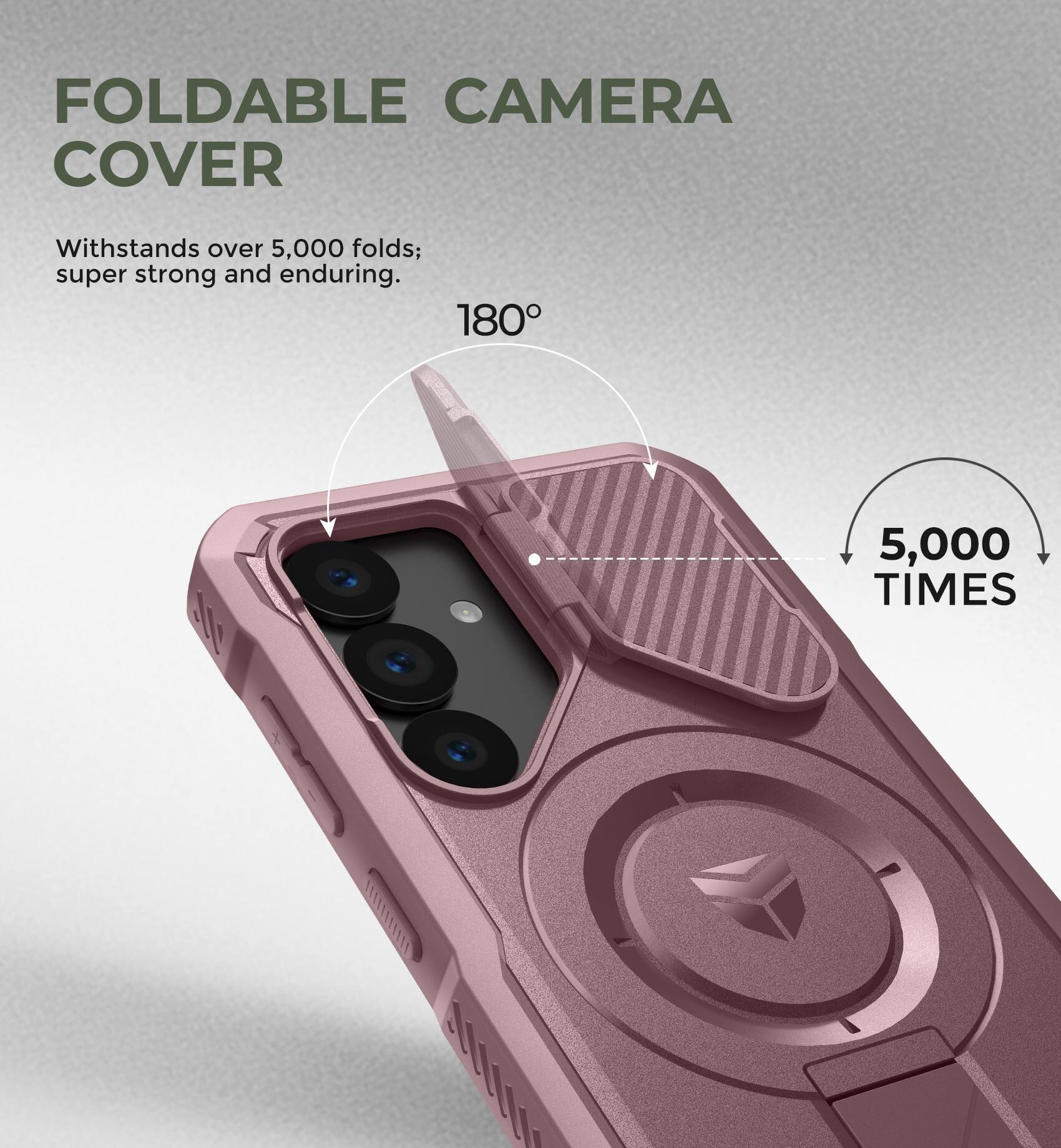 FOLDABLE CAMERA COVER Withstands over 5,000 folds; super strong and enduring. 180° 5,000 TIMES