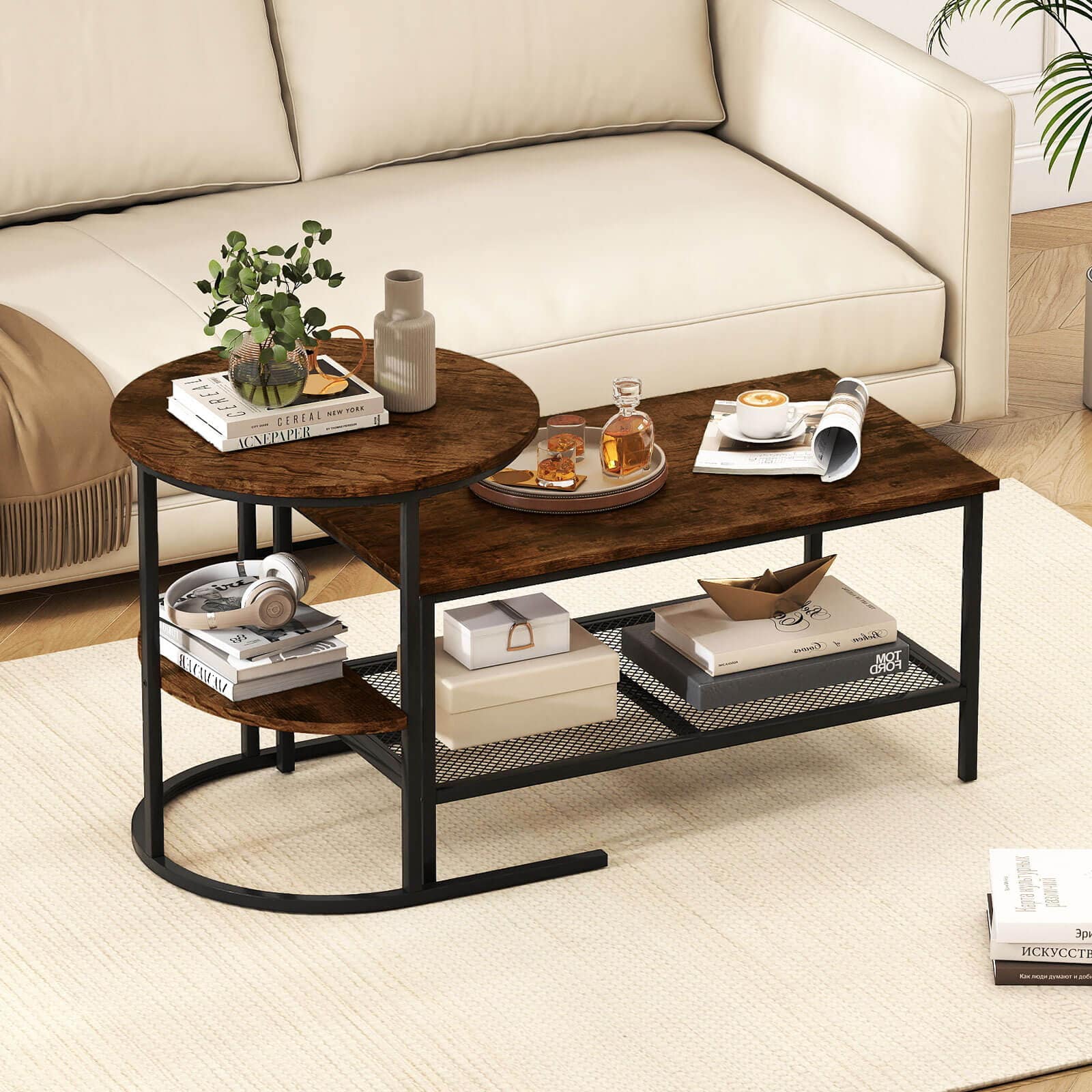 Costway - Industrial Coffee Table Set of 2.2-Tier Side Table with Storage Shelves&Metal Frame - Rustic Brown & Black