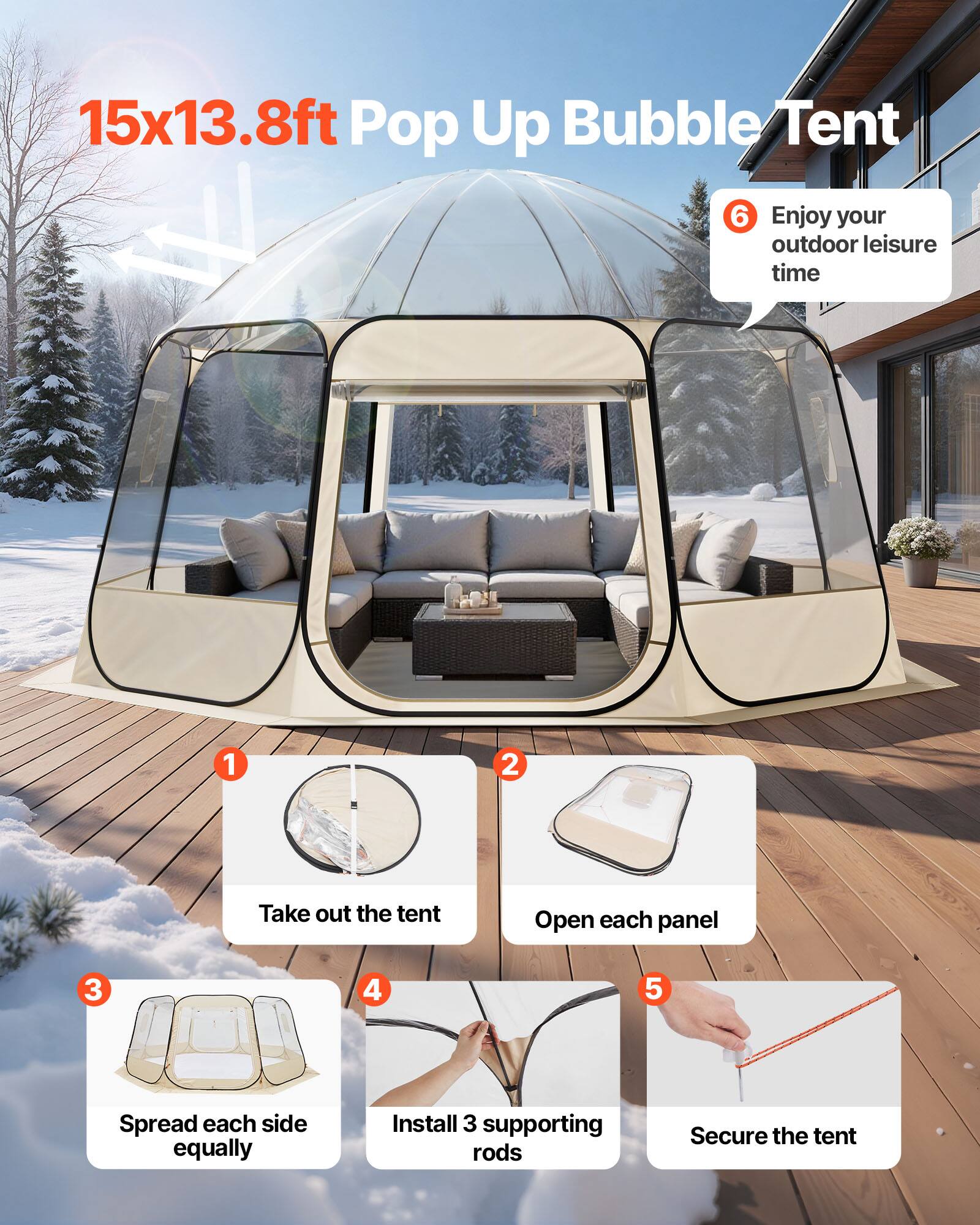 1. Take out the tent  
2. Open each panel  
3. Spread each side equally  
4. Install 3 supporting rods  
5. Secure the tent  
6. Enjoy your outdoor leisure time