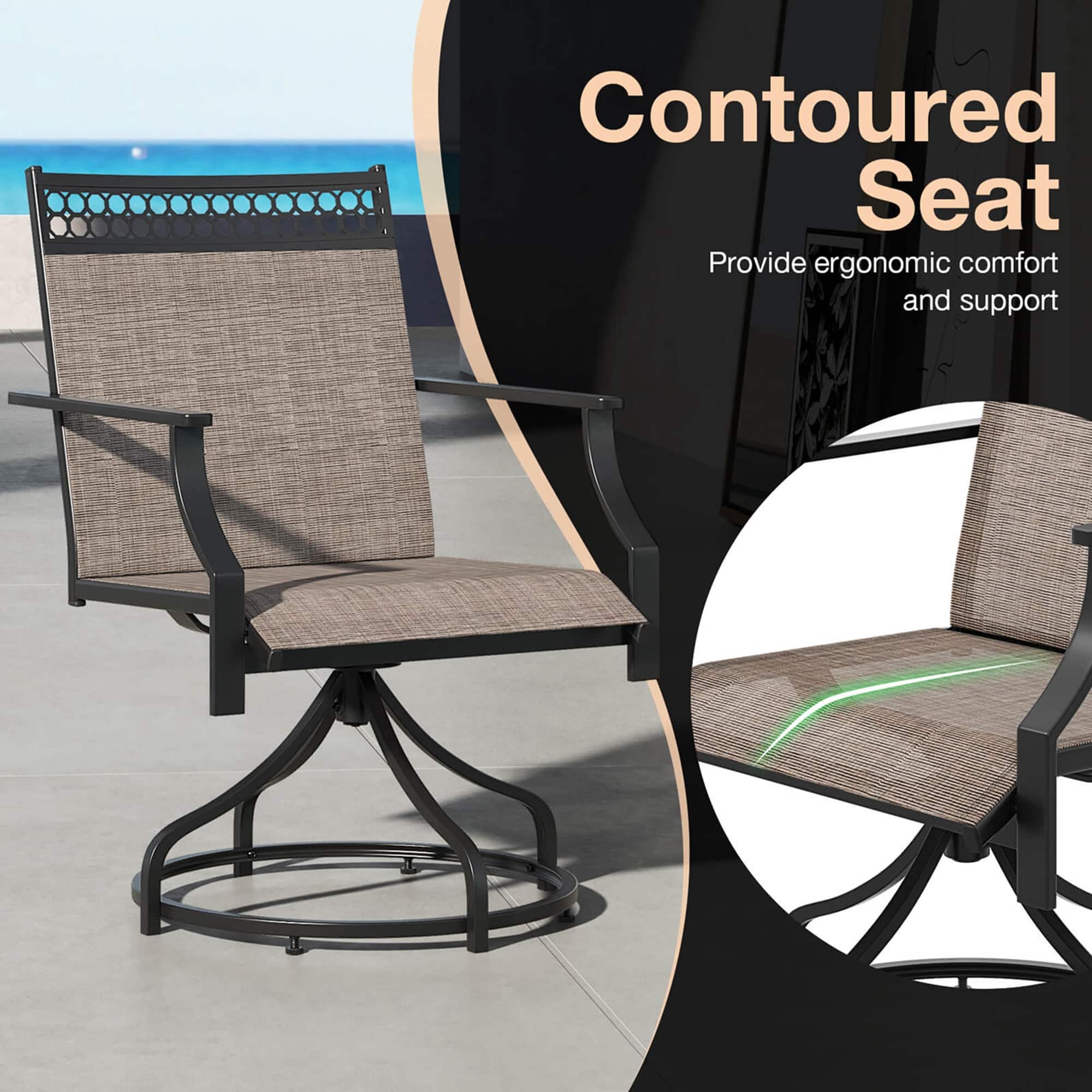 The text on the image reads: "Contoured Seat Provide ergonomic comfort and support."