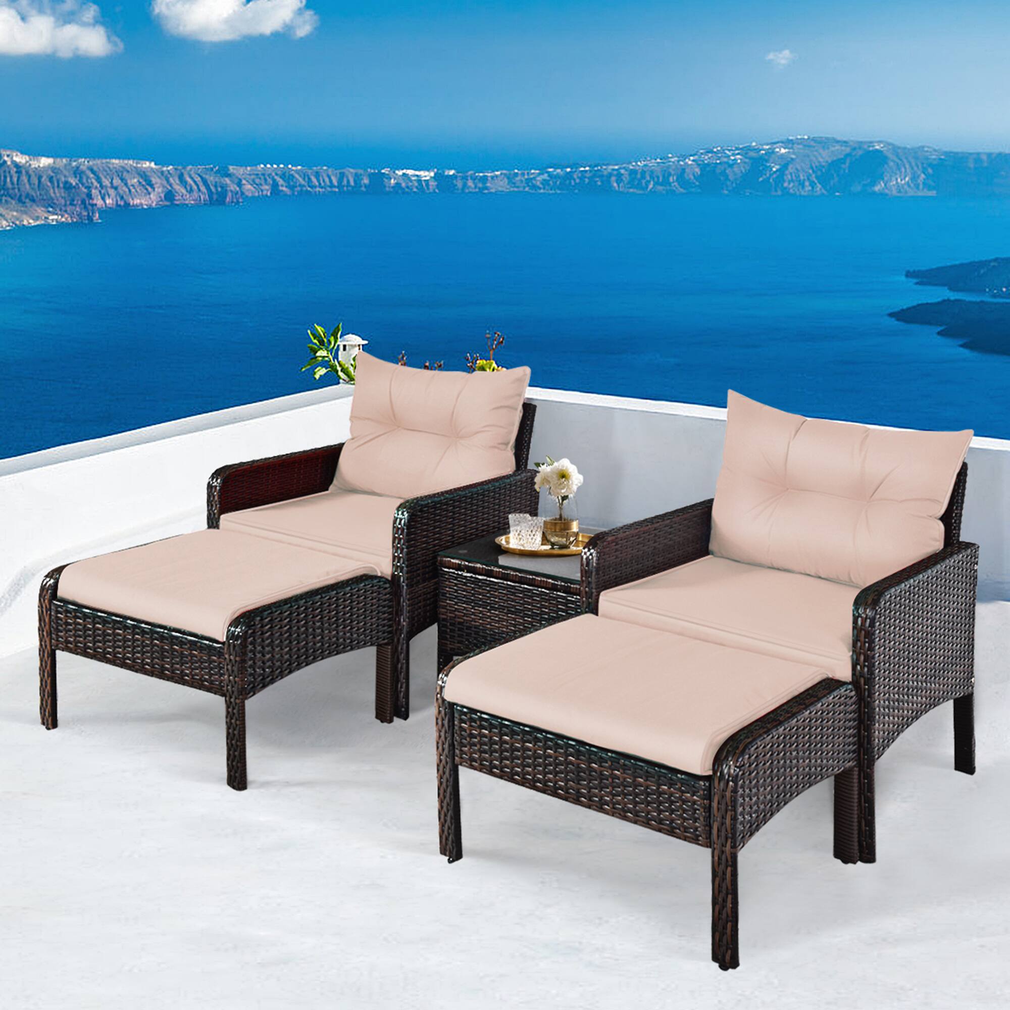 Front. Gymax - Gymax 5 PC Patio Set Sectional Rattan Wicker Furniture Set Home Outdoor - Coffee + Brown.