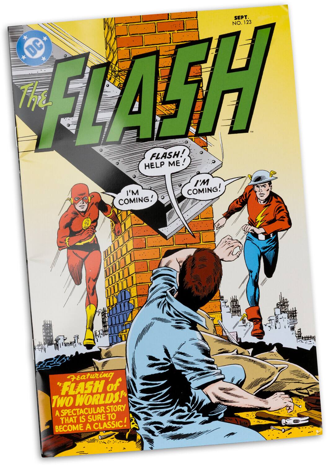 SEPT. NO. 123 DC The FLASH FLASH! HELP ME! I'M COMING! COMING! Featuring "FLASH OF TWO WORLDS!" A SPECTACULAR STORY THAT IS SURE TO BECOME A CLASSIC!