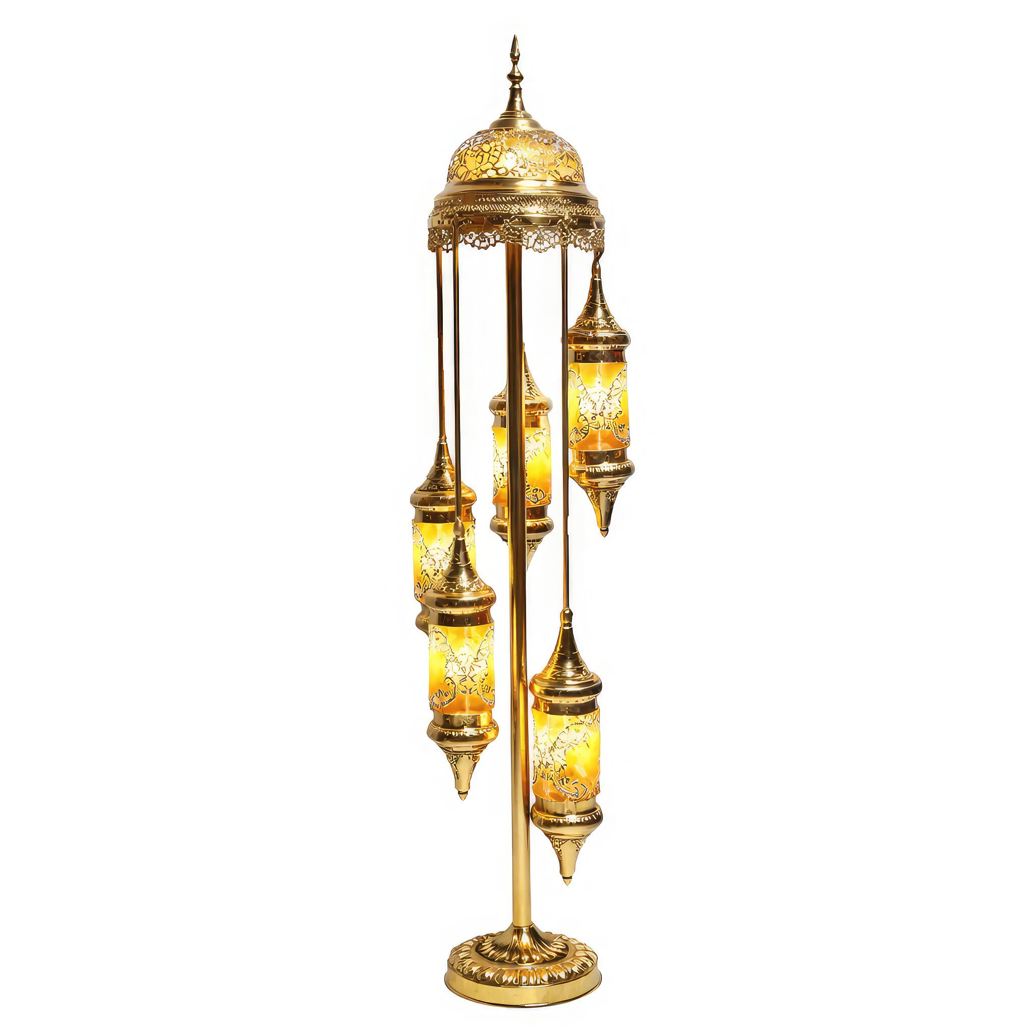 Angle. FC Design - 63"H Gold Base Spiral Turkish Lamp w/ 5 Yellow Mosaic Lantern Bulbs.