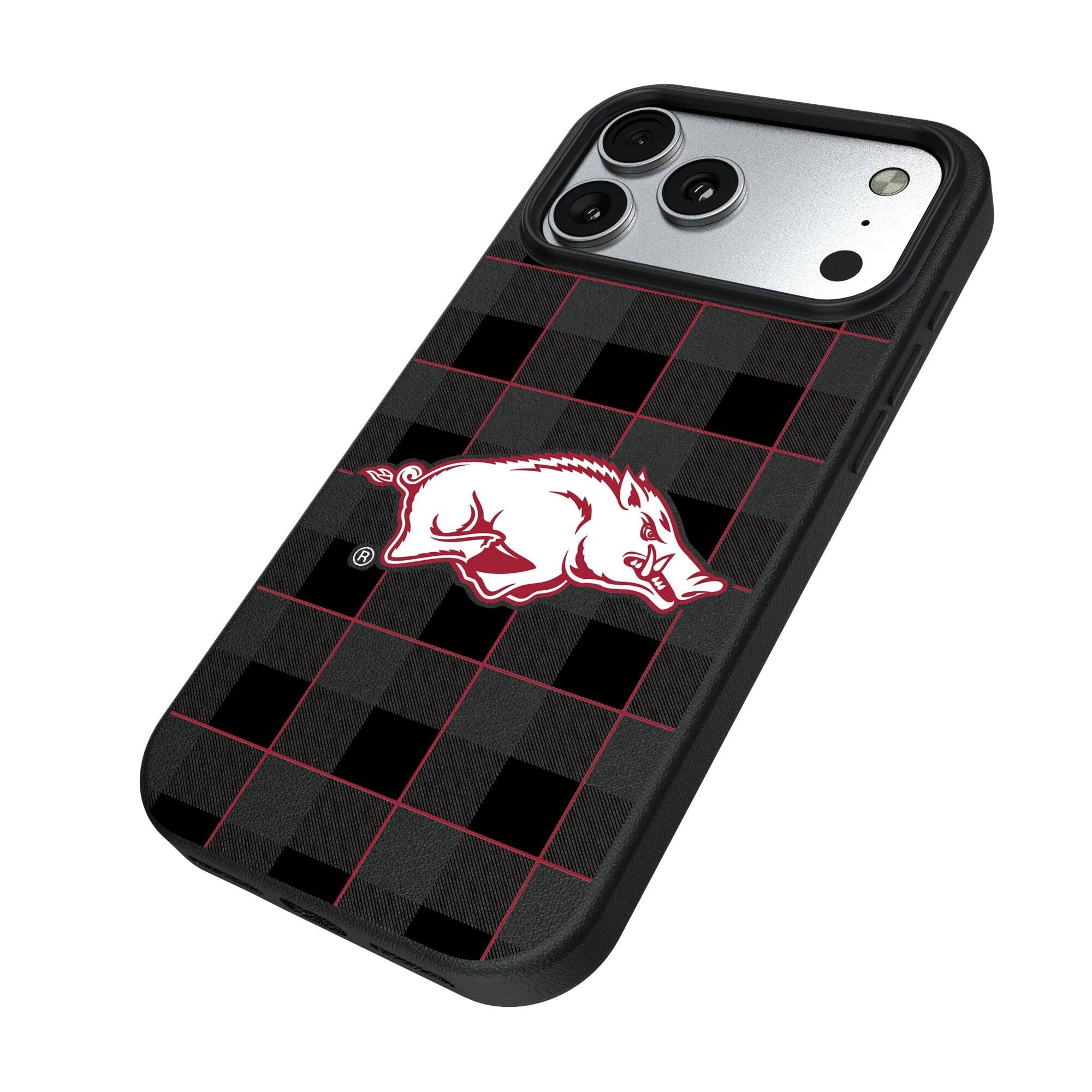 Alt View 1. Keyscaper - Arkansas Razorbacks Plaid Magnetic Bump iPhone Case - 15 Pro - Black.
