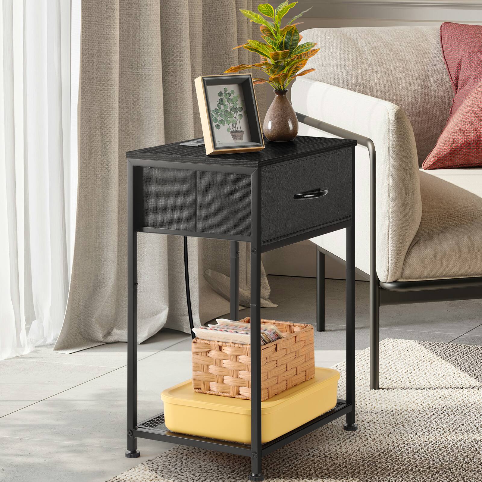 Angle. Oumilen - Set of 2 Black End Tables with Fabric Drawer, Mesh Shelf & Charging Station - Black.
