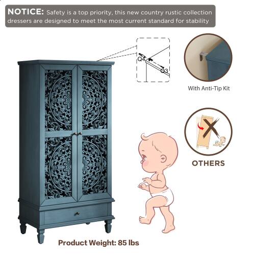NOTICE: Safety is a top priority, this new country rustic collection dressers are designed to meet the most current standard for stability. With Anti-Tip Kit

OTHERS

Product Weight: 85 lbs