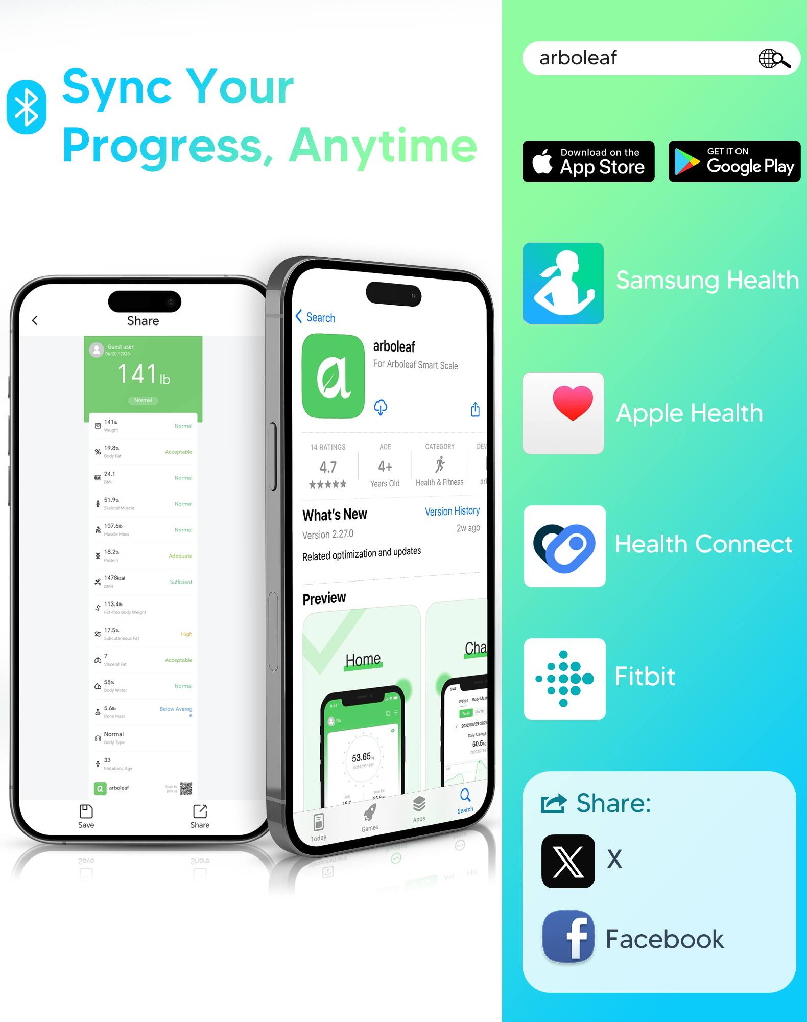 Sync Your Progress, Anytime

App Download Store on the App Store and Google Play

arboleaf For Arboleaf Smart Scale

- 141 lb
- 1416 N
- 198 -T
- 241 - Accmptiable
- 1 RATIUS 4.7 AGs 4+ Years Old
- CATEGORY Health & Fitness

What's New Version History
2w ago Version 2.27.0
Related optimization and updates

Health Connect

Share:
Facebook